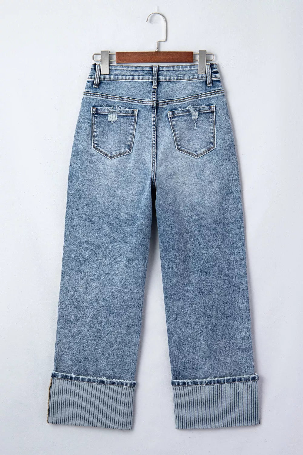Cuffed Straight-Leg Distressed Jeans in Medium Wash