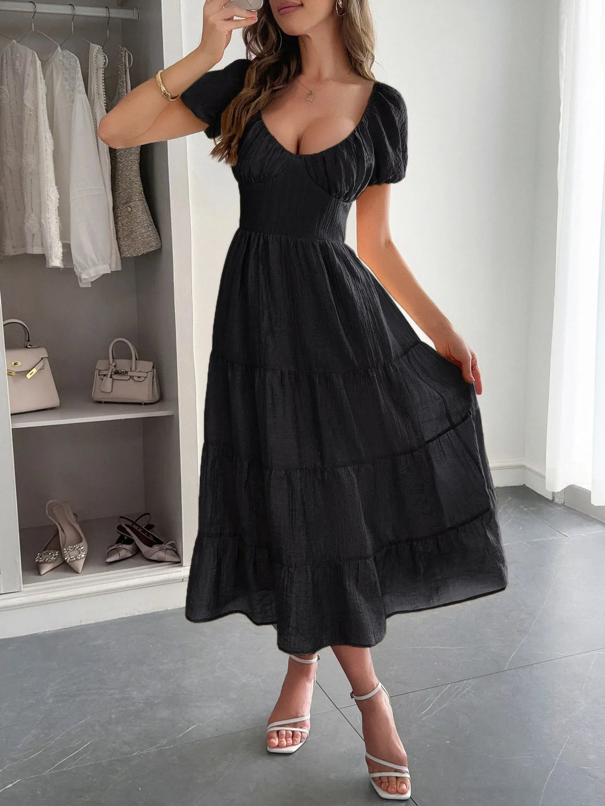 Backless Puff-Sleeve Tiered Midi Dress
