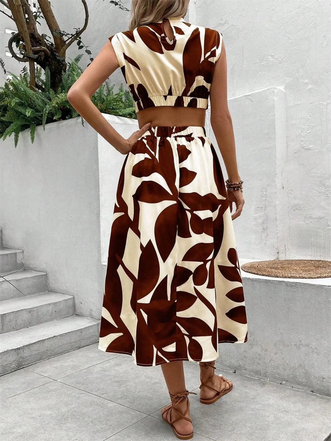 Cutout Cap Sleeve Printed Midi Dress