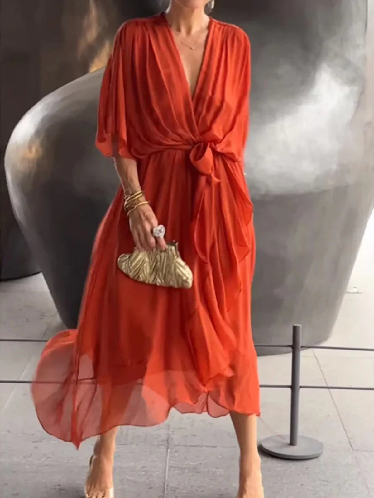 Flowy Tie-Front Midi Dress with Flutter Sleeves