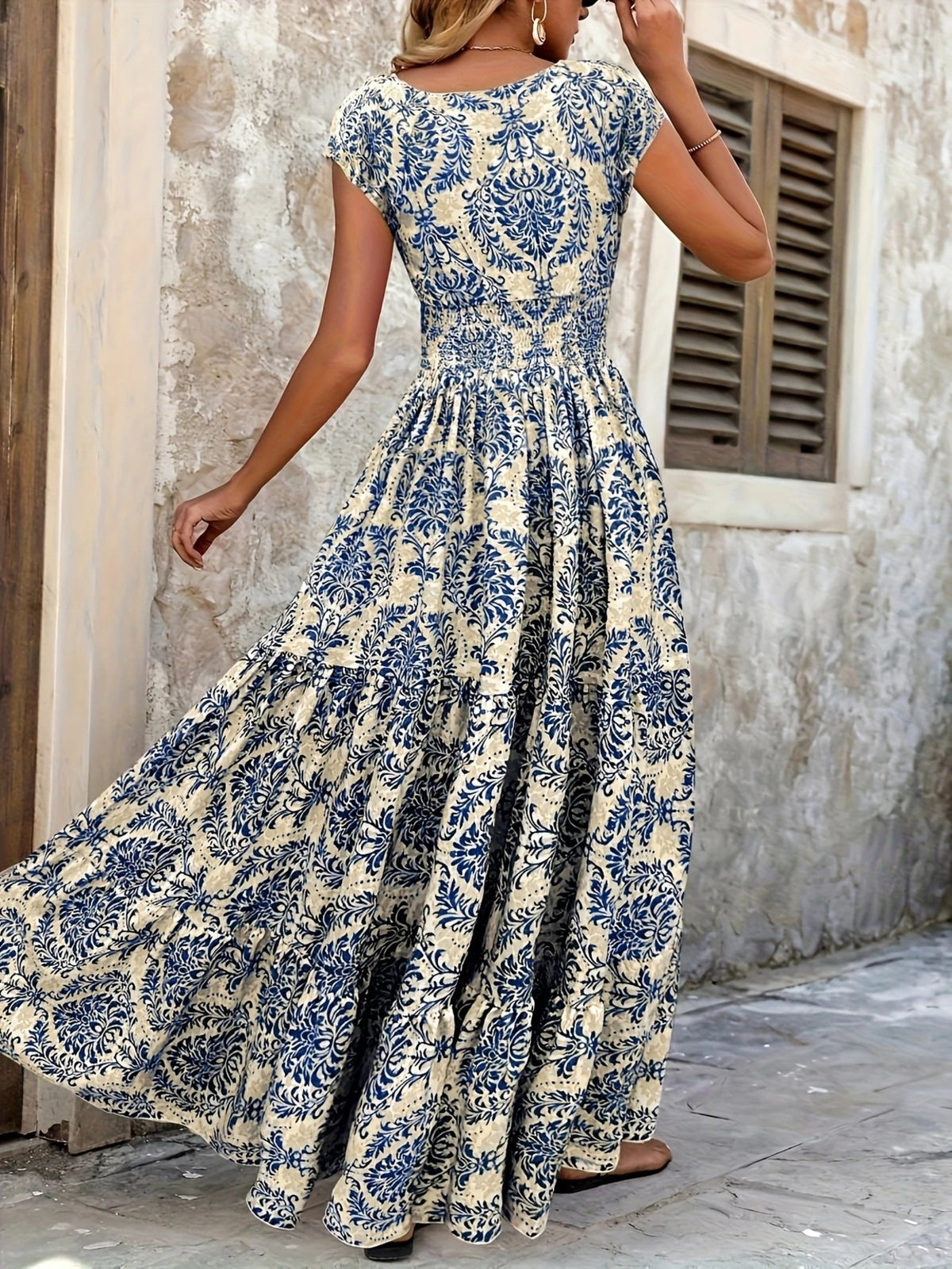 Printed Cap Sleeve Tiered Maxi Dress