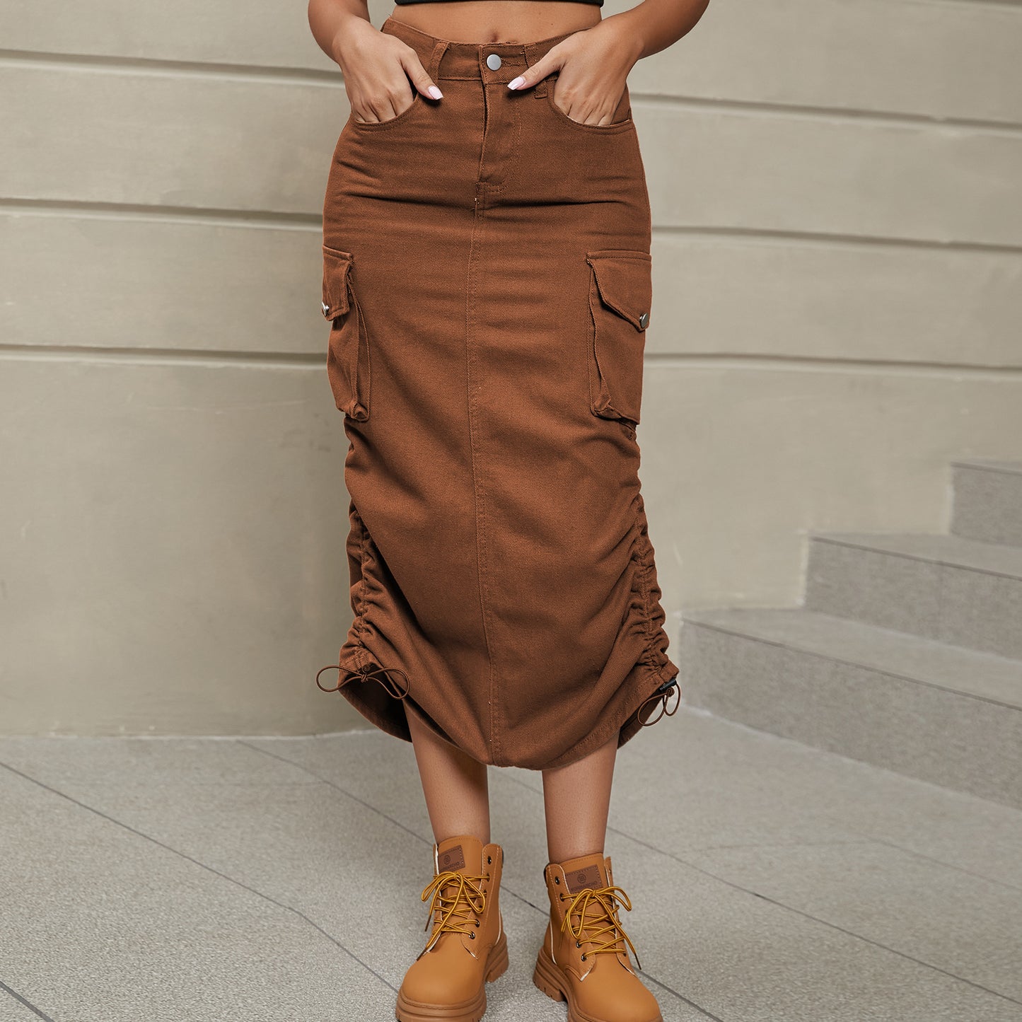 Drawstring Ruched Denim Midi Skirt by Manny