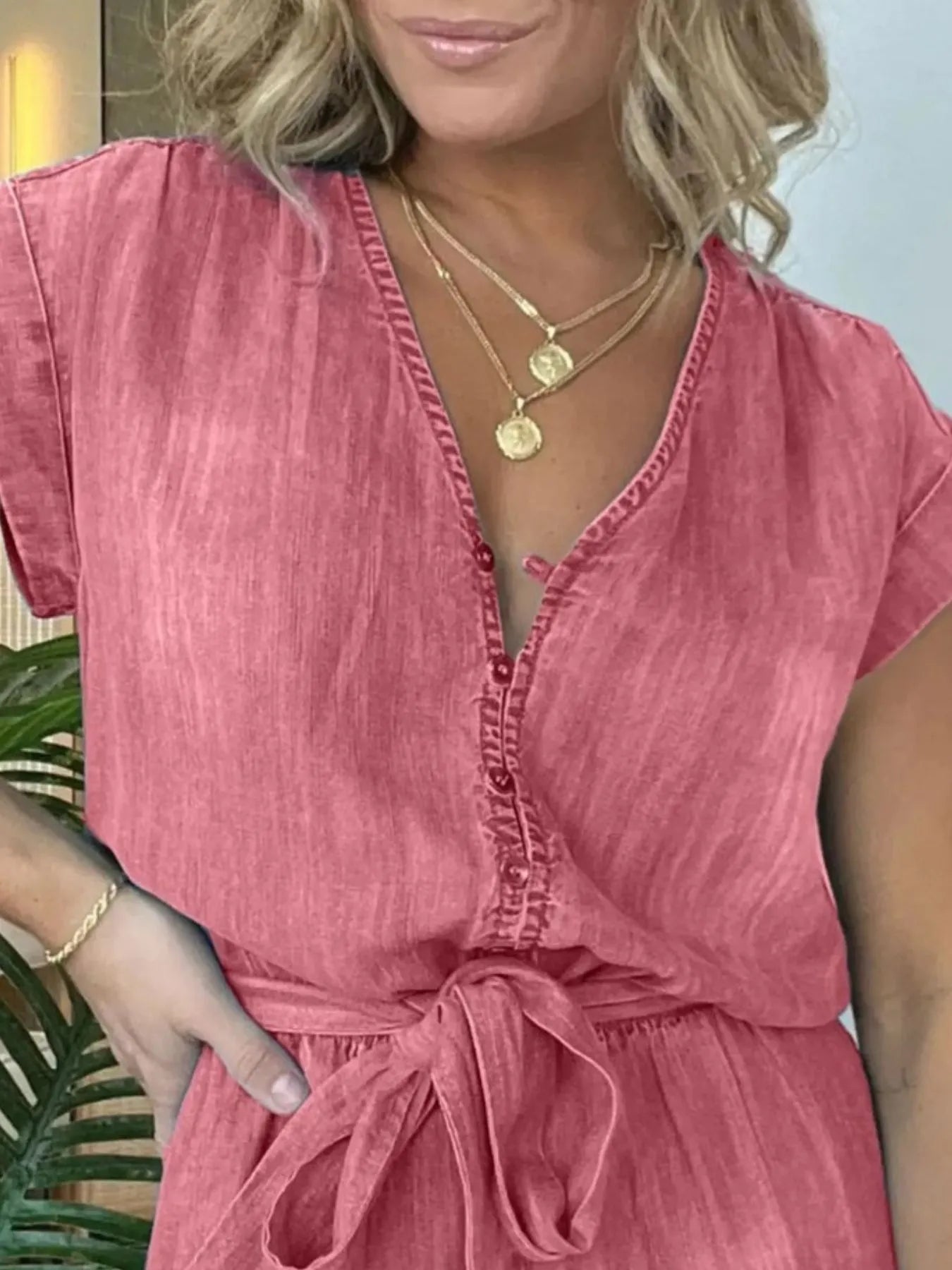Tie-Waist Cap Sleeve Denim Romper
