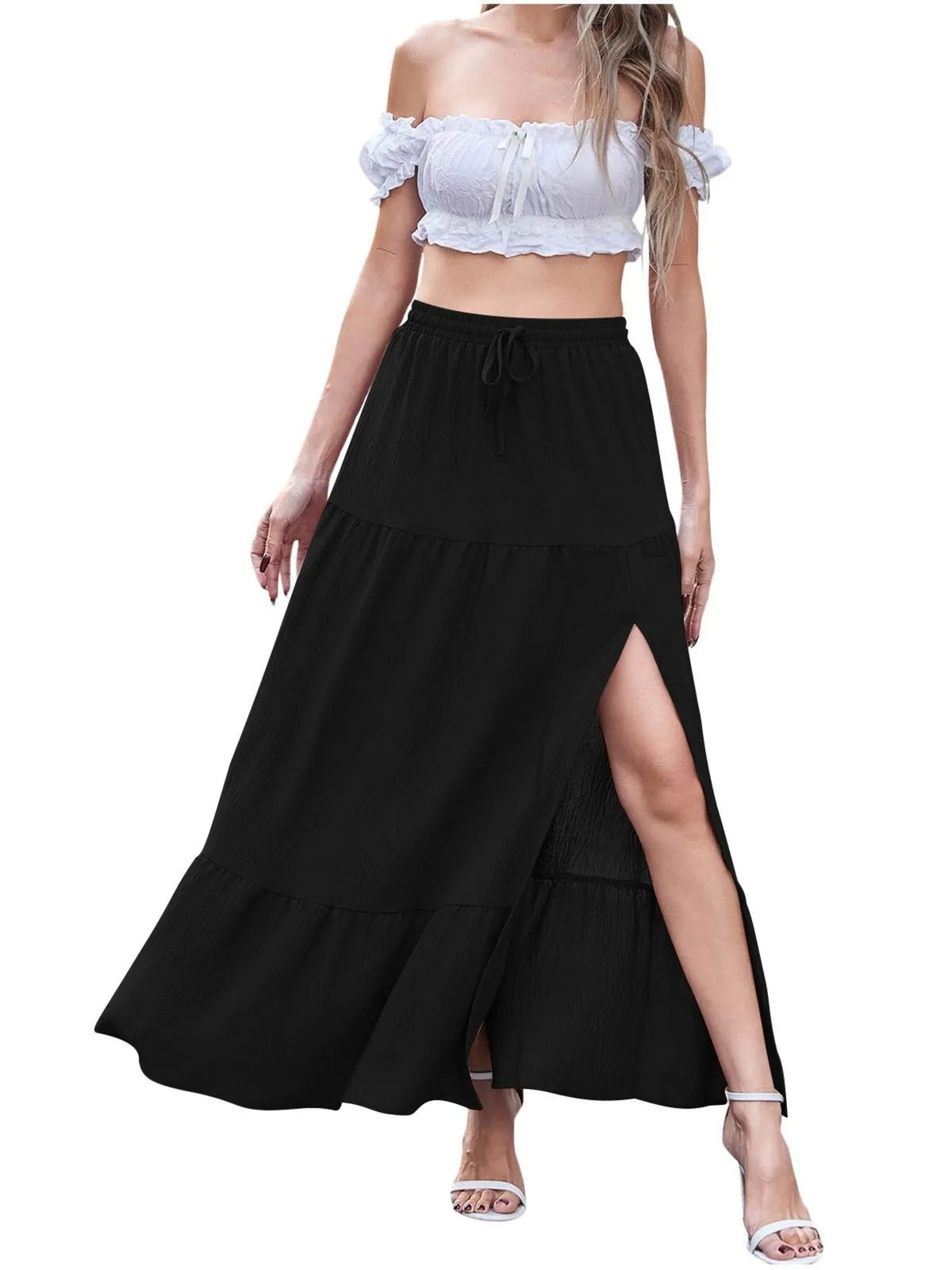 Tiered Ruffled Slit Maxi Skirt