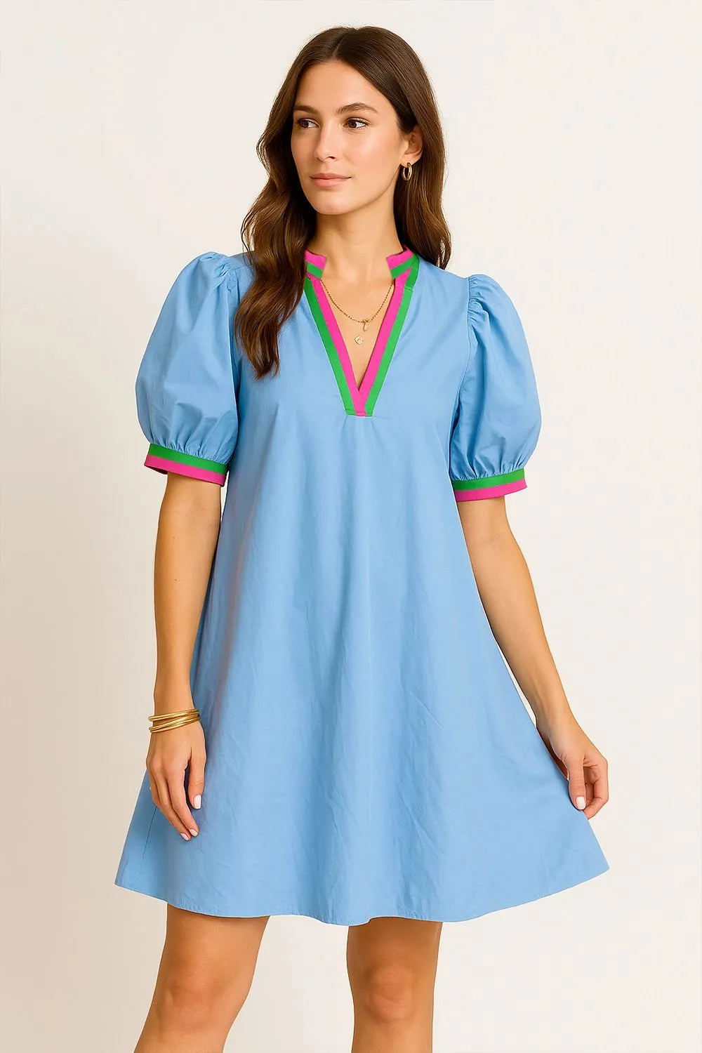 Puff-Sleeve Swing Dress in Light Blue
