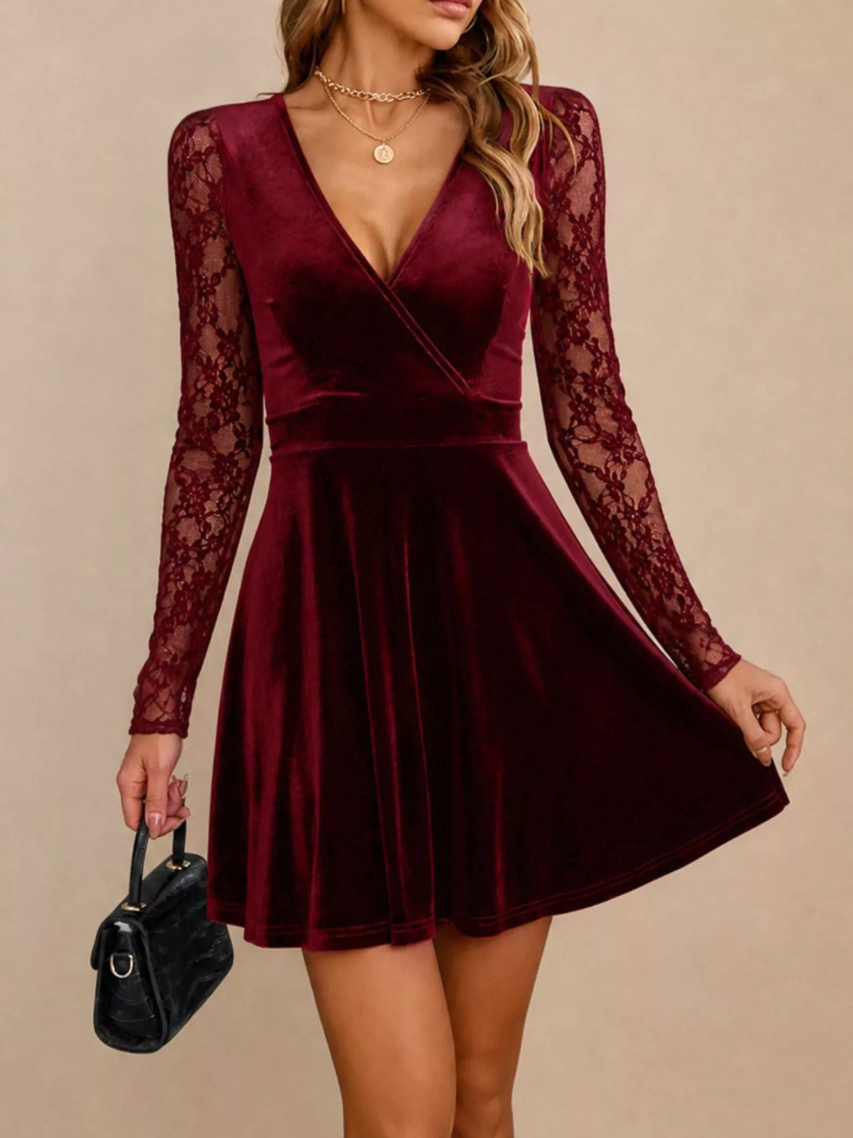 Velvet Lace Long Sleeve Mini Dress in Burgundy