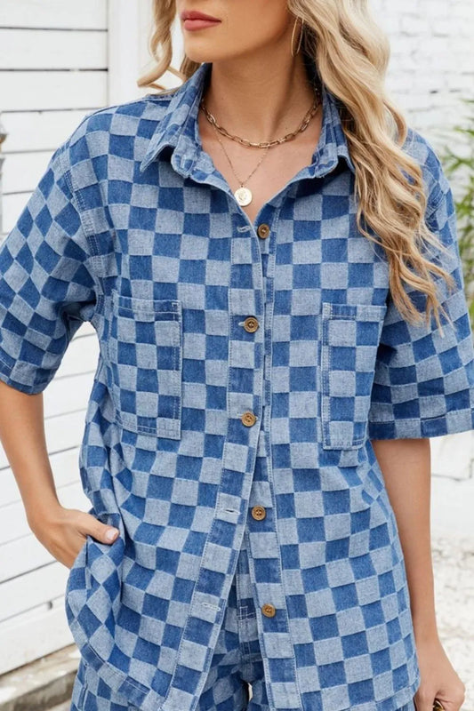 Button Down Checkered Denim Shirt in Medium Wash by Moni Wear