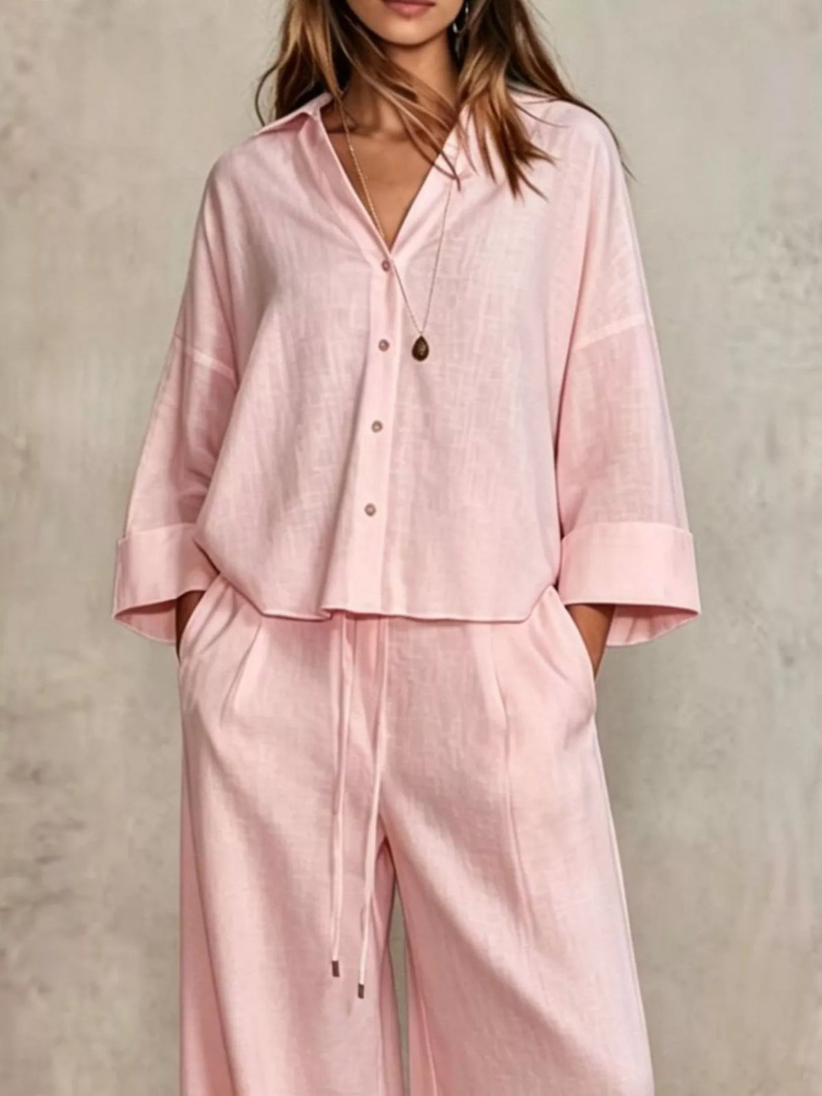 Button-Down Shirt and Wide-Leg Pants Set