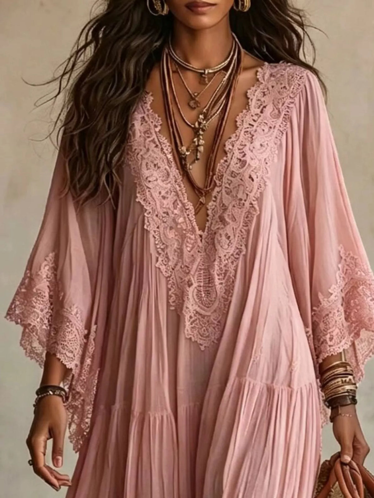 Lace Trim Tiered V-Neck Maxi Dress
