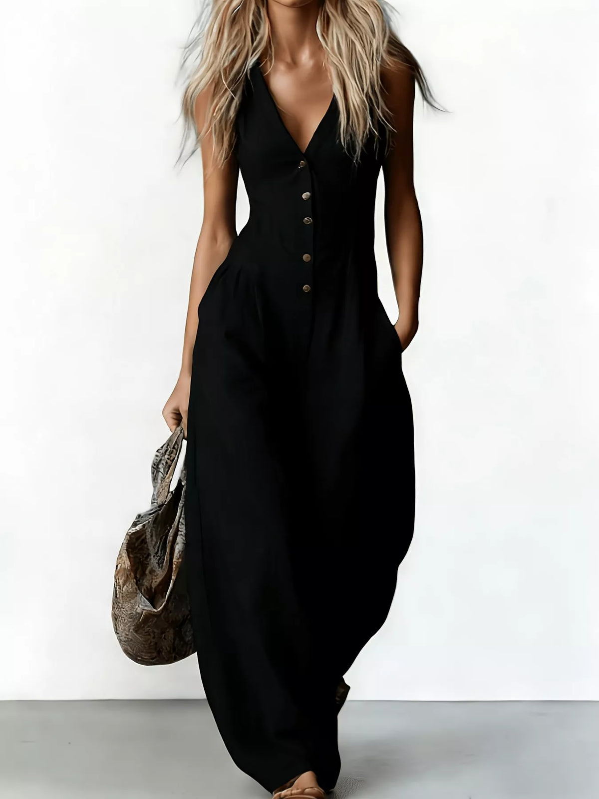 V-Neck Button-Down Wide Leg Jumpsuit