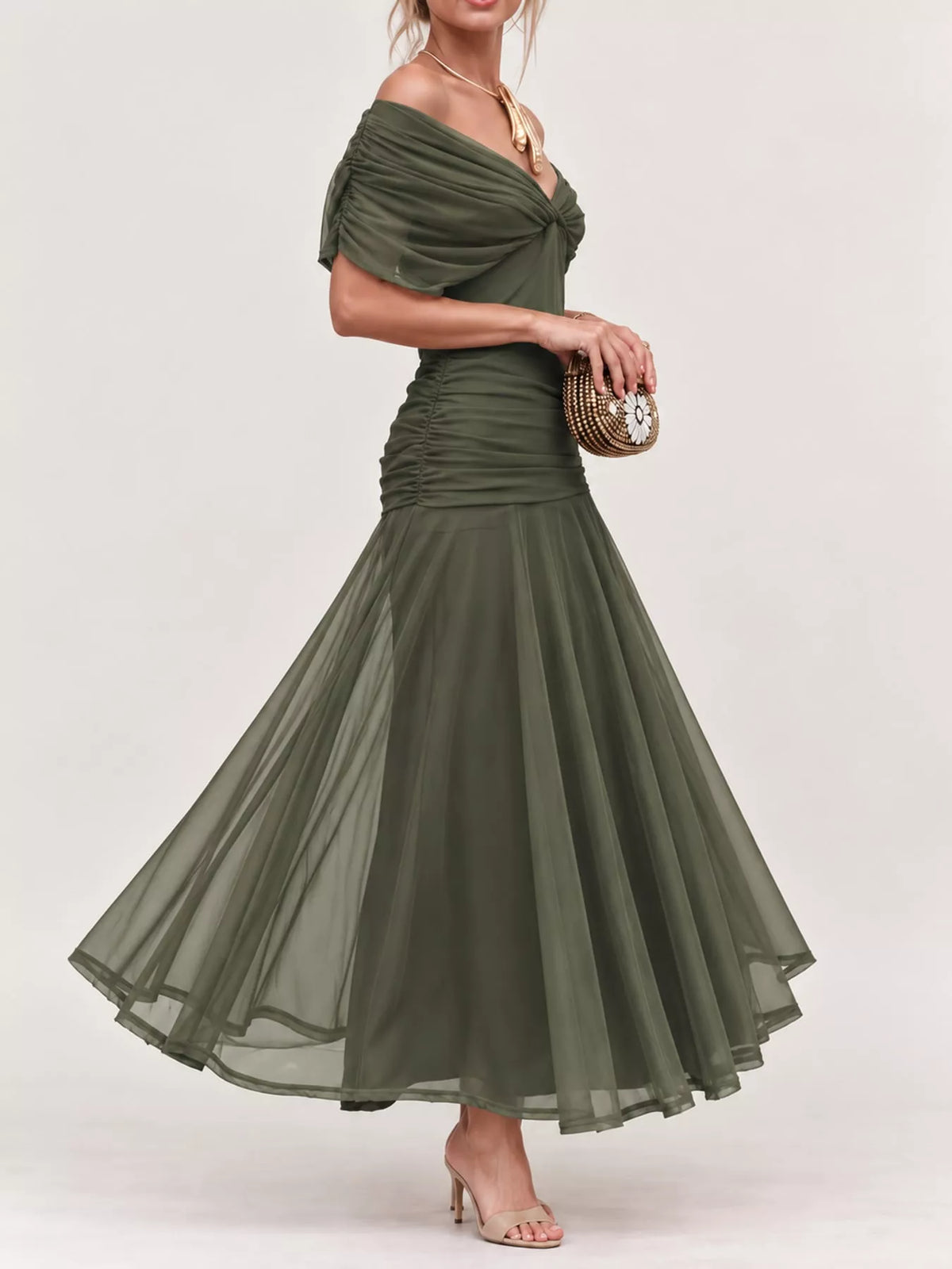 Off-Shoulder Ruched Tulle Evening Maxi Dress