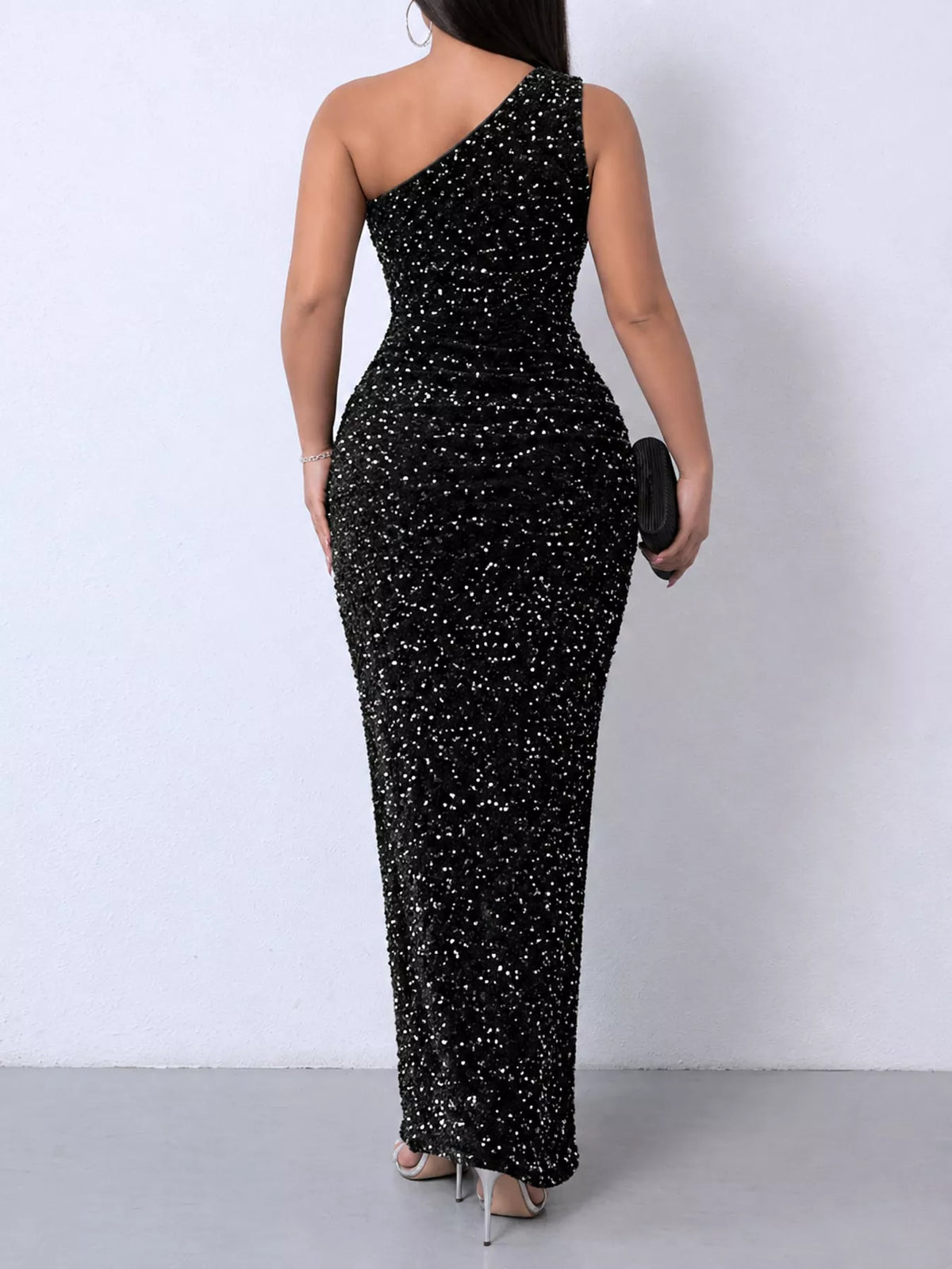 One-Shoulder Sequin High-Slit Evening Dress