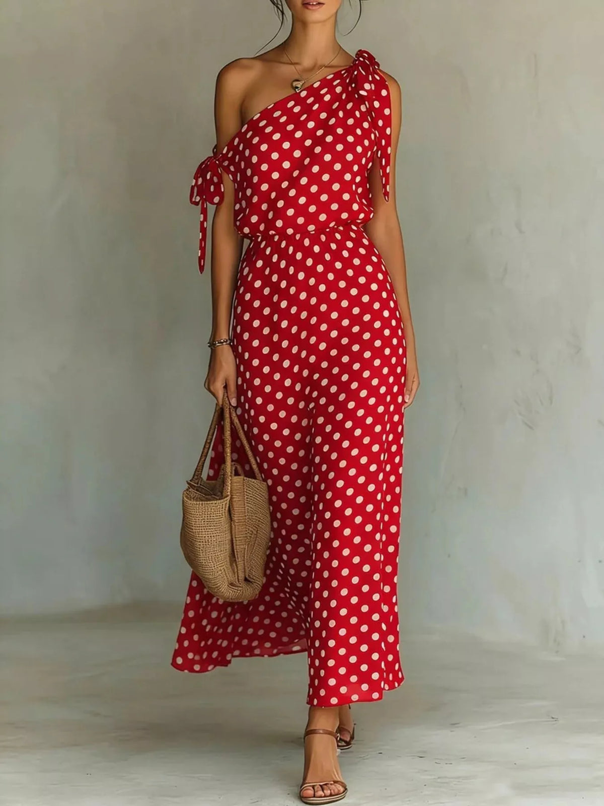 One-Shoulder Polka Dot Maxi Dress