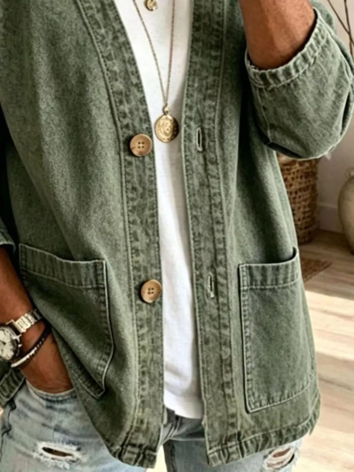 V-Neck Button-Down Denim Jacket by Invera