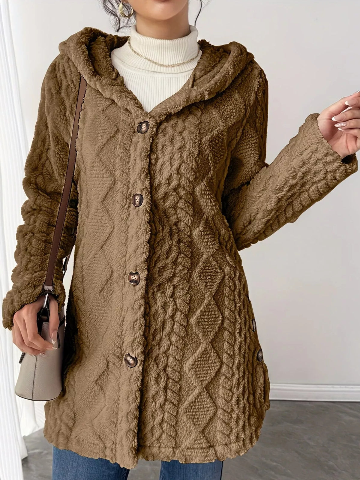 Cozy Cable-Knit Faux Fur Hooded Jacket