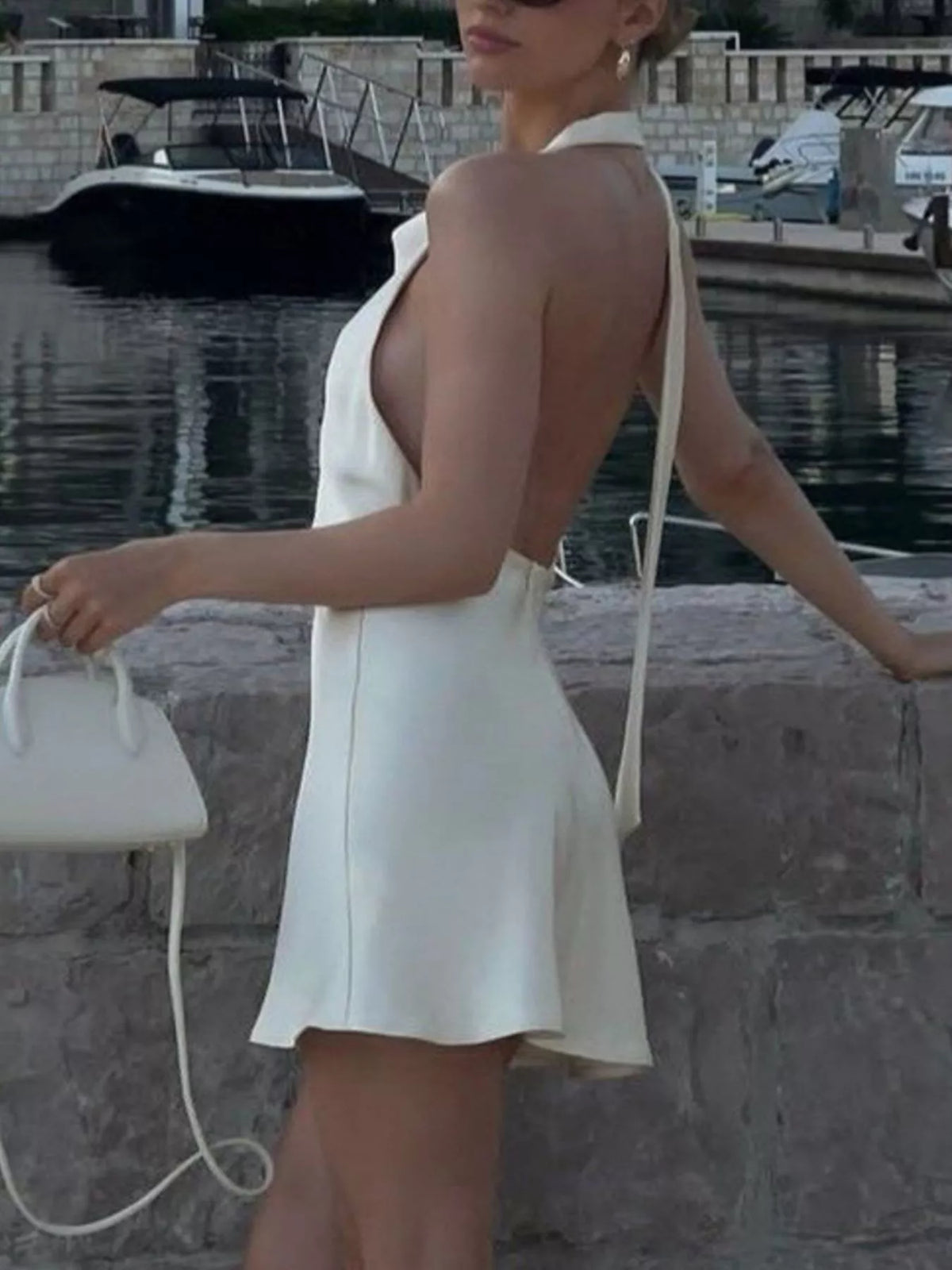 Halter Neck Mini Dress in Beige