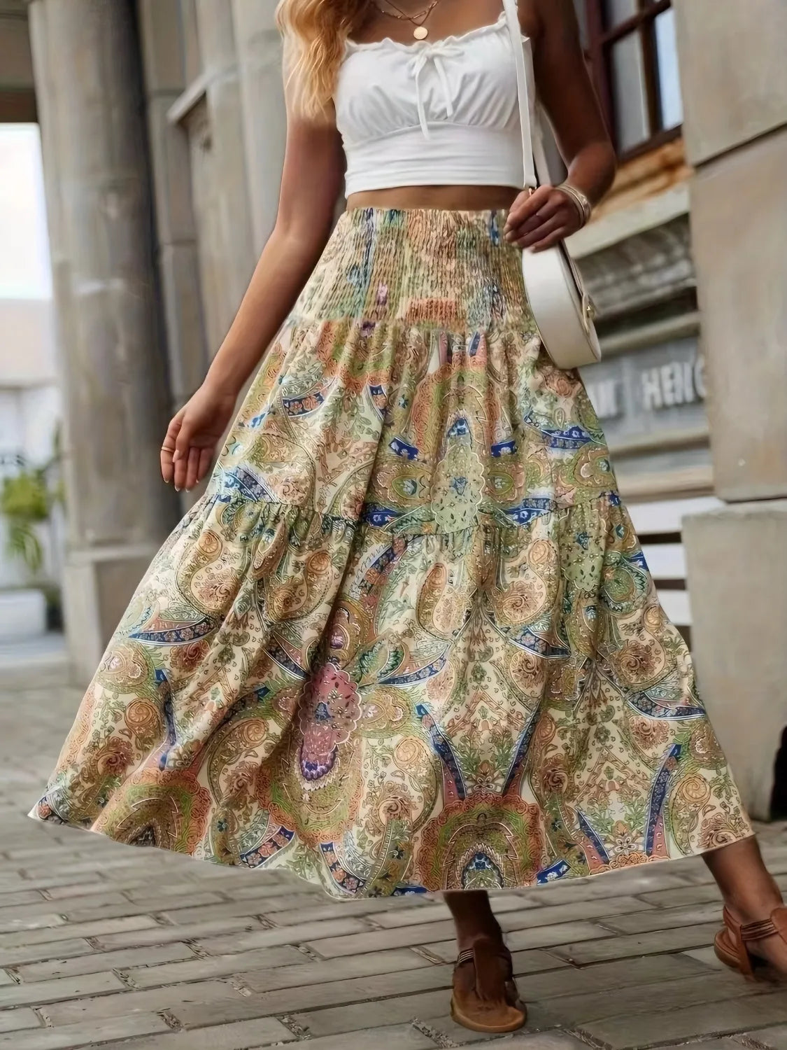 Smocked Printed High-Waisted Skirt