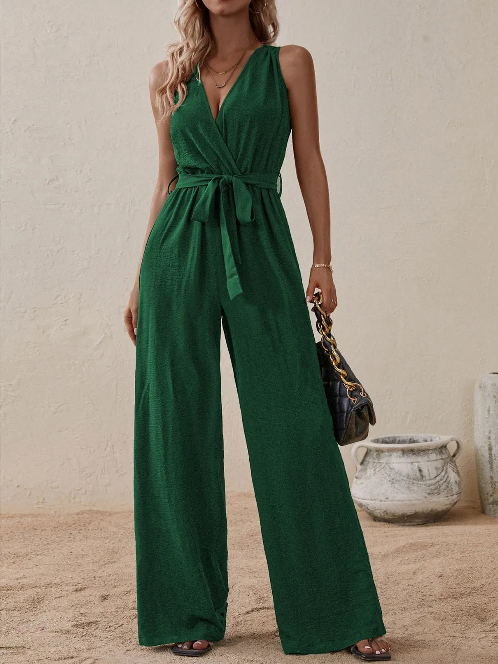 Tied Surplice Wide-Leg Jumpsuit