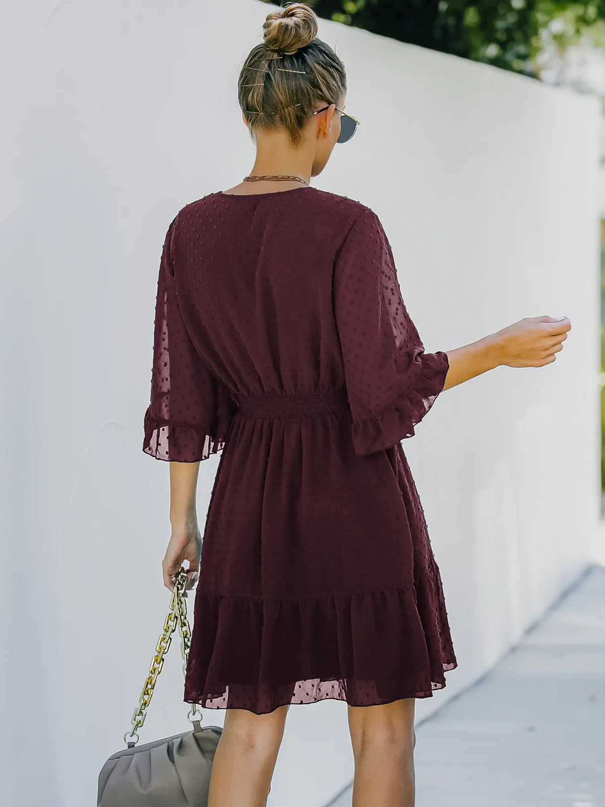 Swiss Dot Flare Sleeve Wrap Dress in Light Blue by Elaine
