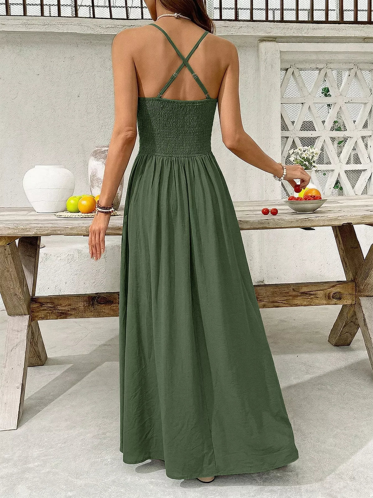 Lace Trim Spaghetti Strap Maxi Dress in Sage