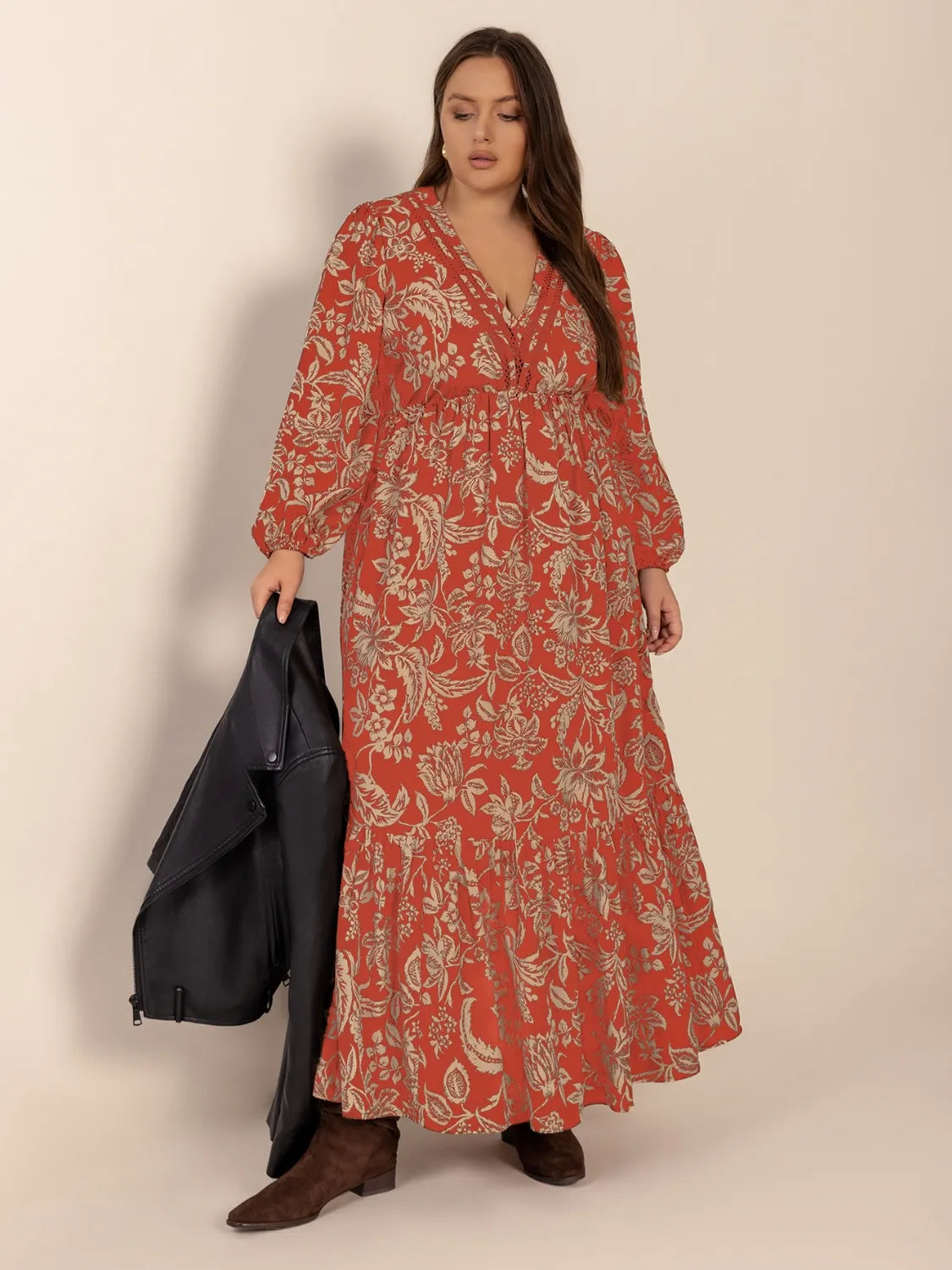 Ruched Lace Detail Midi Dress in Orange-Red