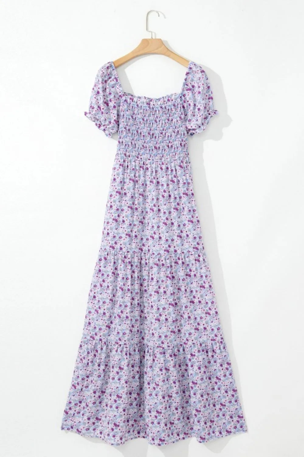Smocked Tiered Floral Maxi Dress in Lavender