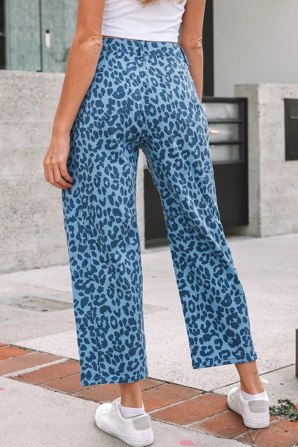 Leopard Print Barrel Leg Jeans in Cerulean