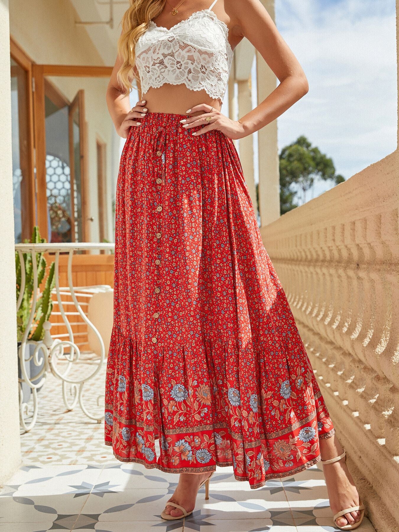 Floral Buttoned Slit Skirt