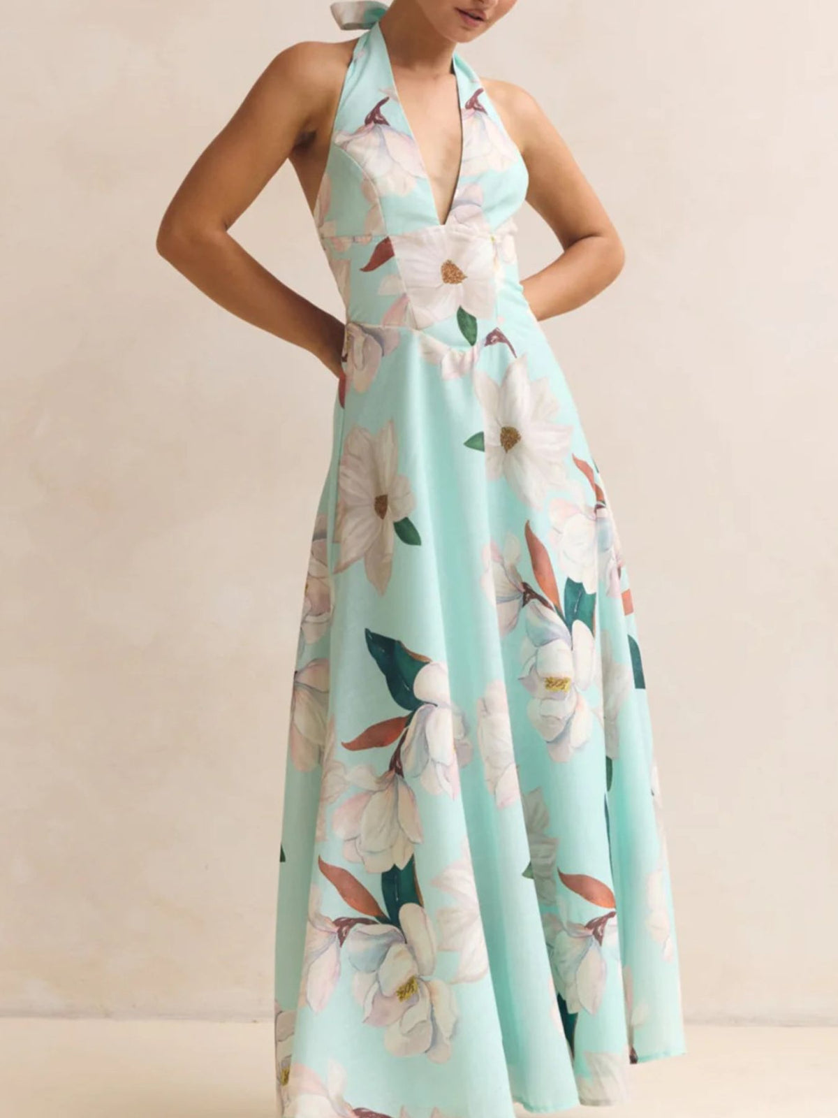 Floral Print Lace-Up Halter Maxi Dress