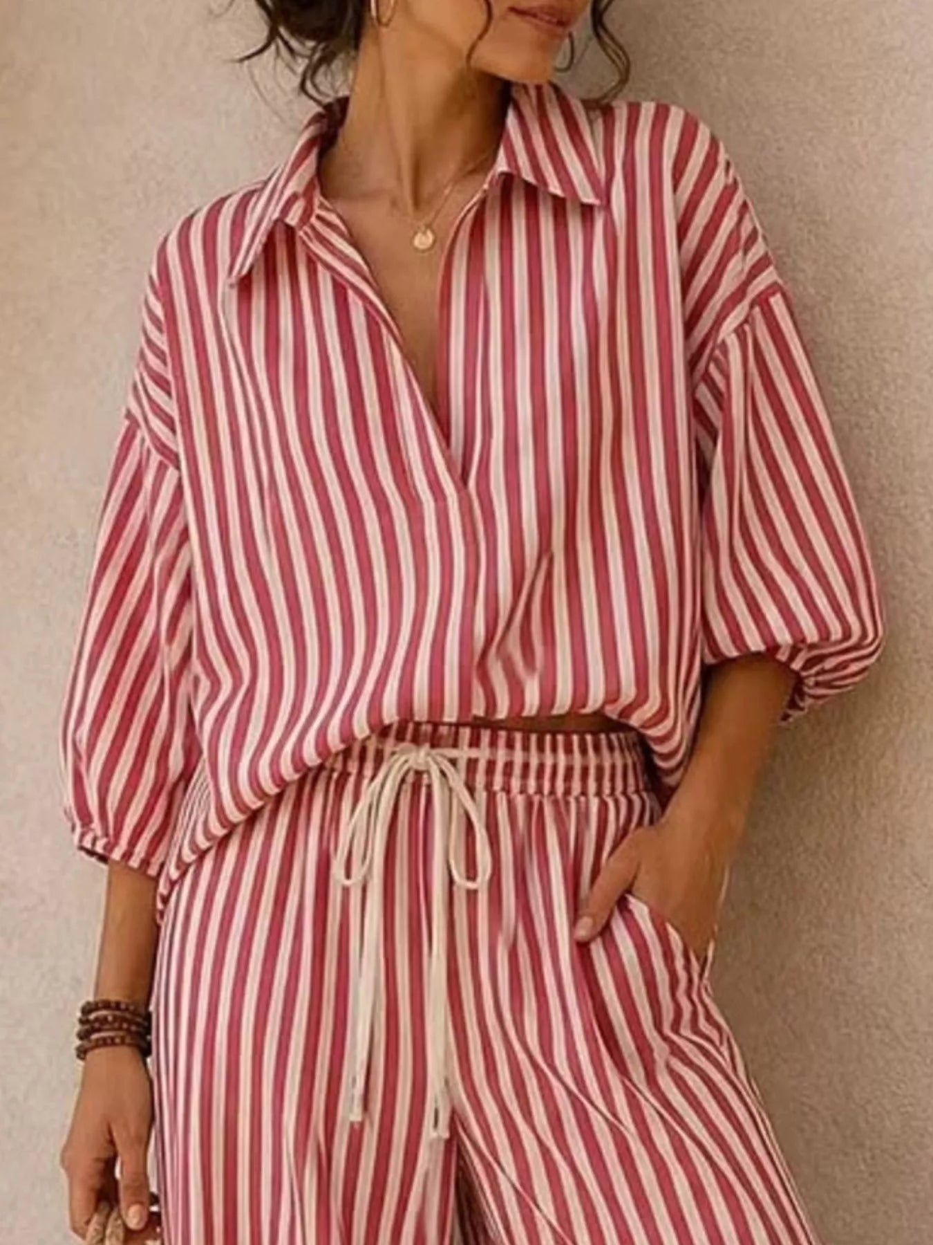 Striped Puff-Sleeve Top and Wide-Leg Pants Set