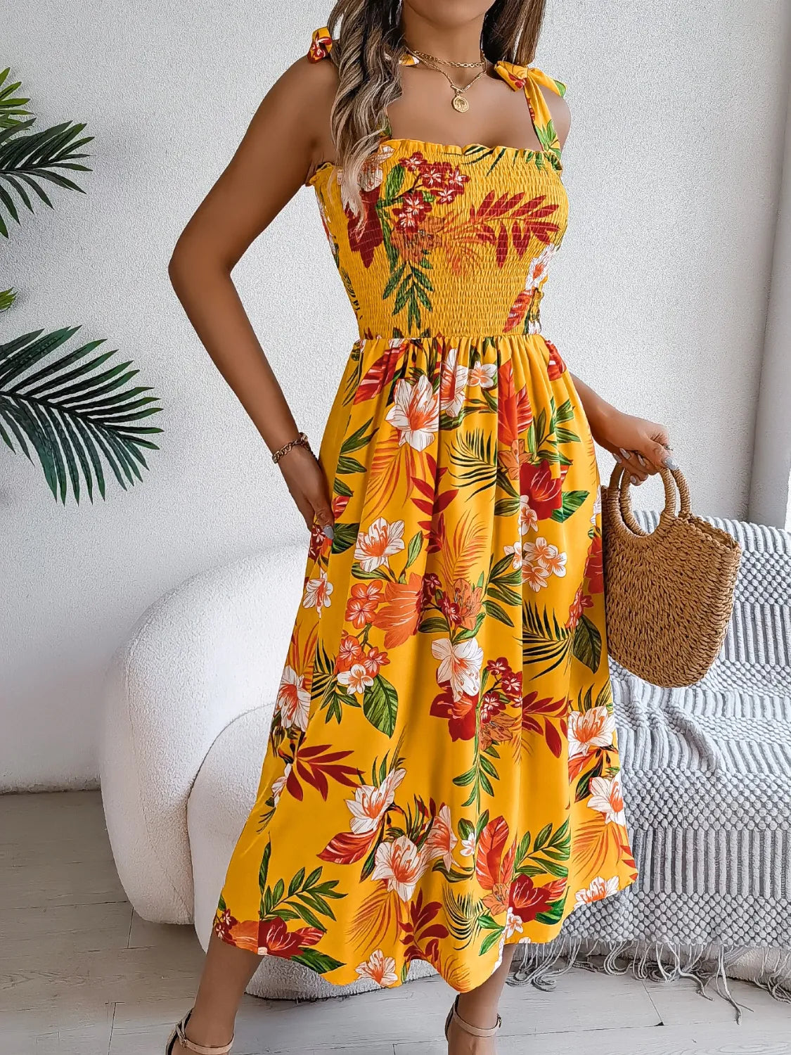 Smocked Floral Tie-Shoulder Midi Dress