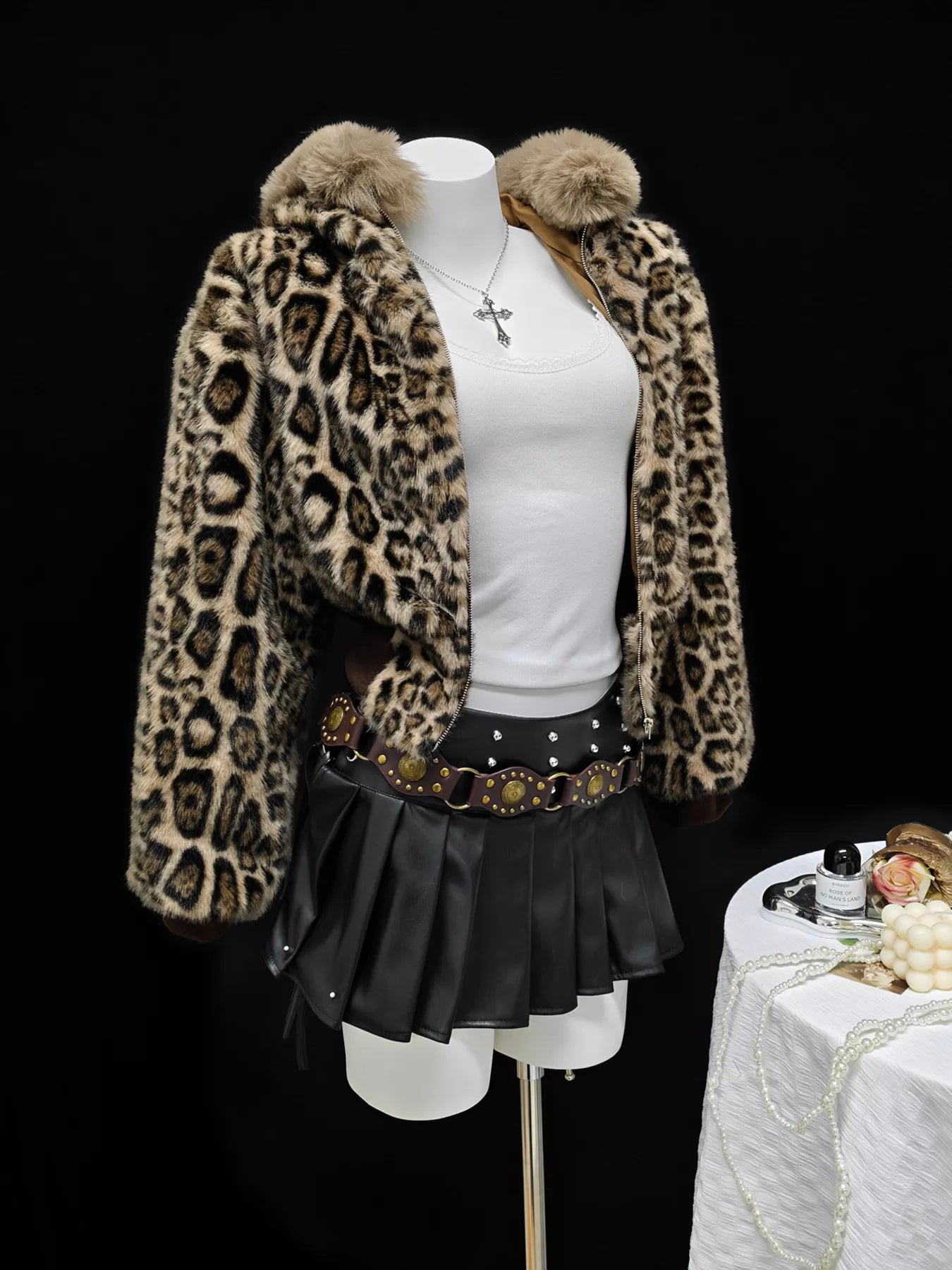 Leopard Faux Fur Hooded Jacket in Brown