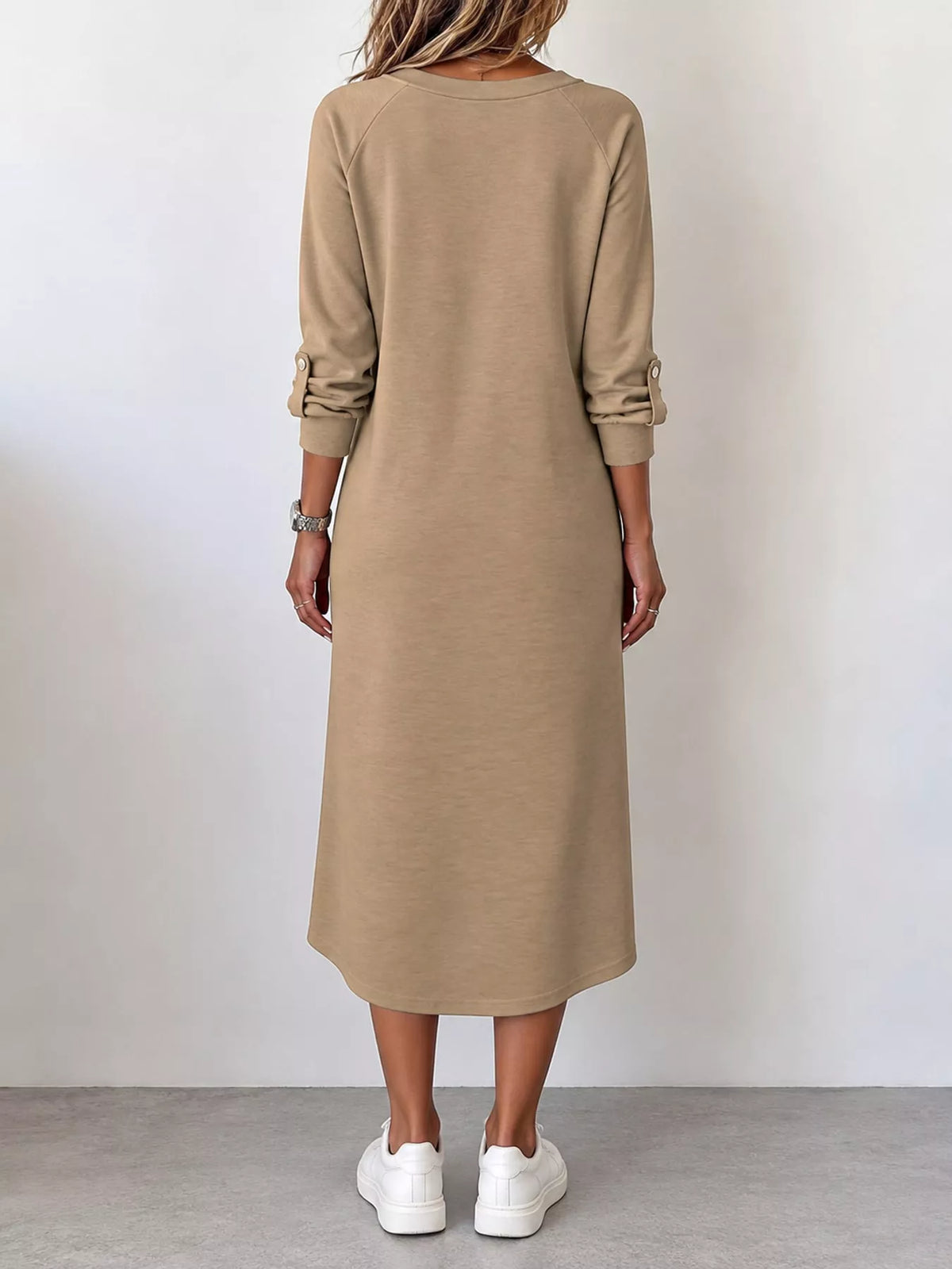V-Neck Long Sleeve Midi Dress