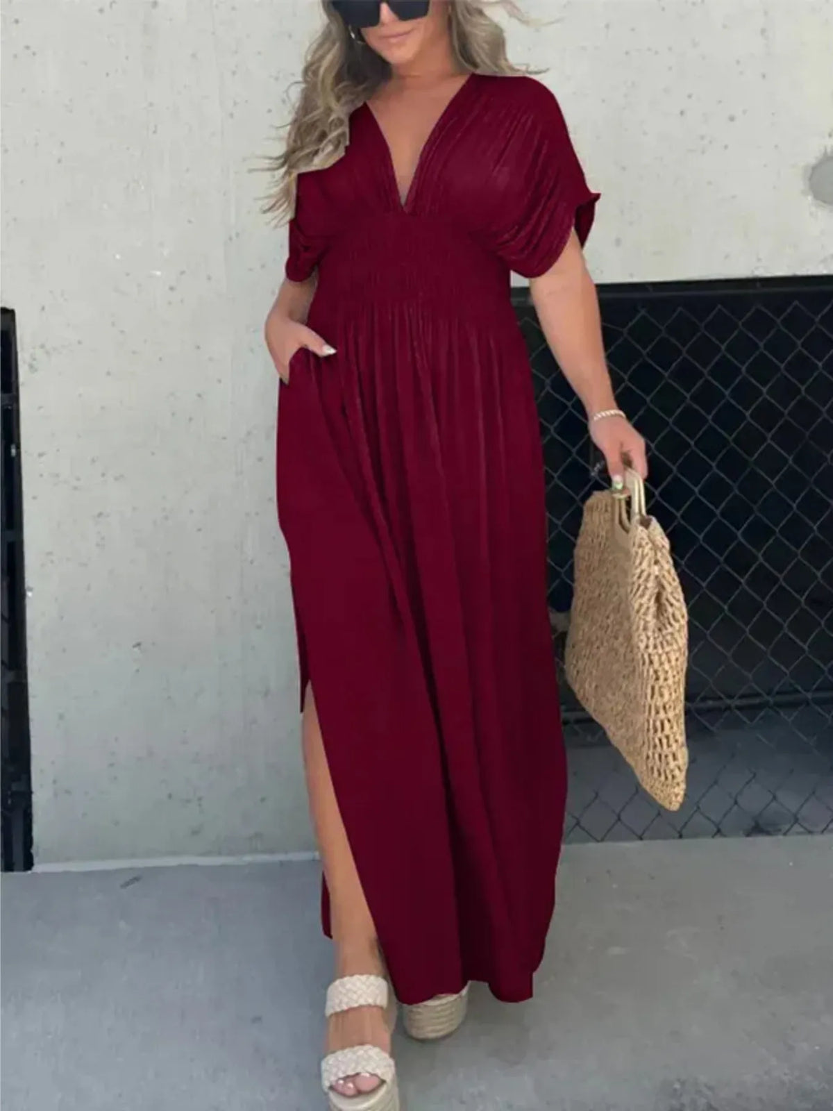 Deep V-Neck Maxi Dress with Side Slit