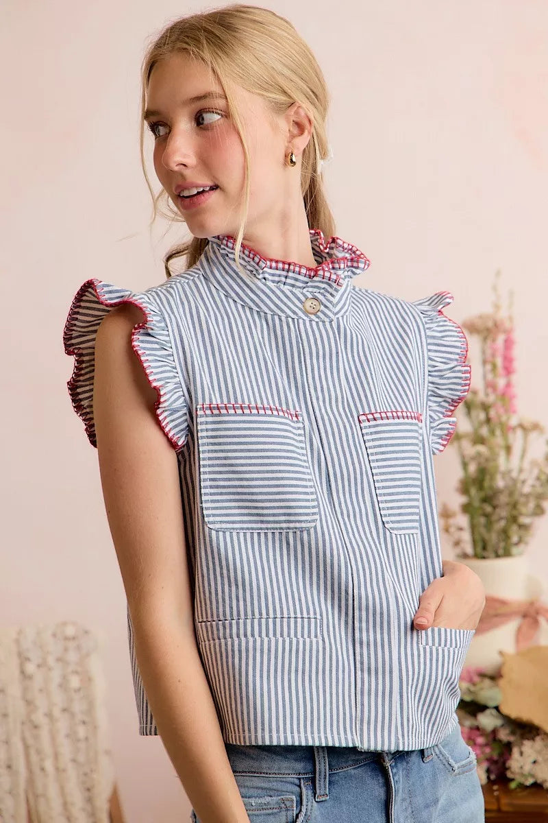 So Me Striped Ruffled Vest Top in Blue and Red in Blue/Red