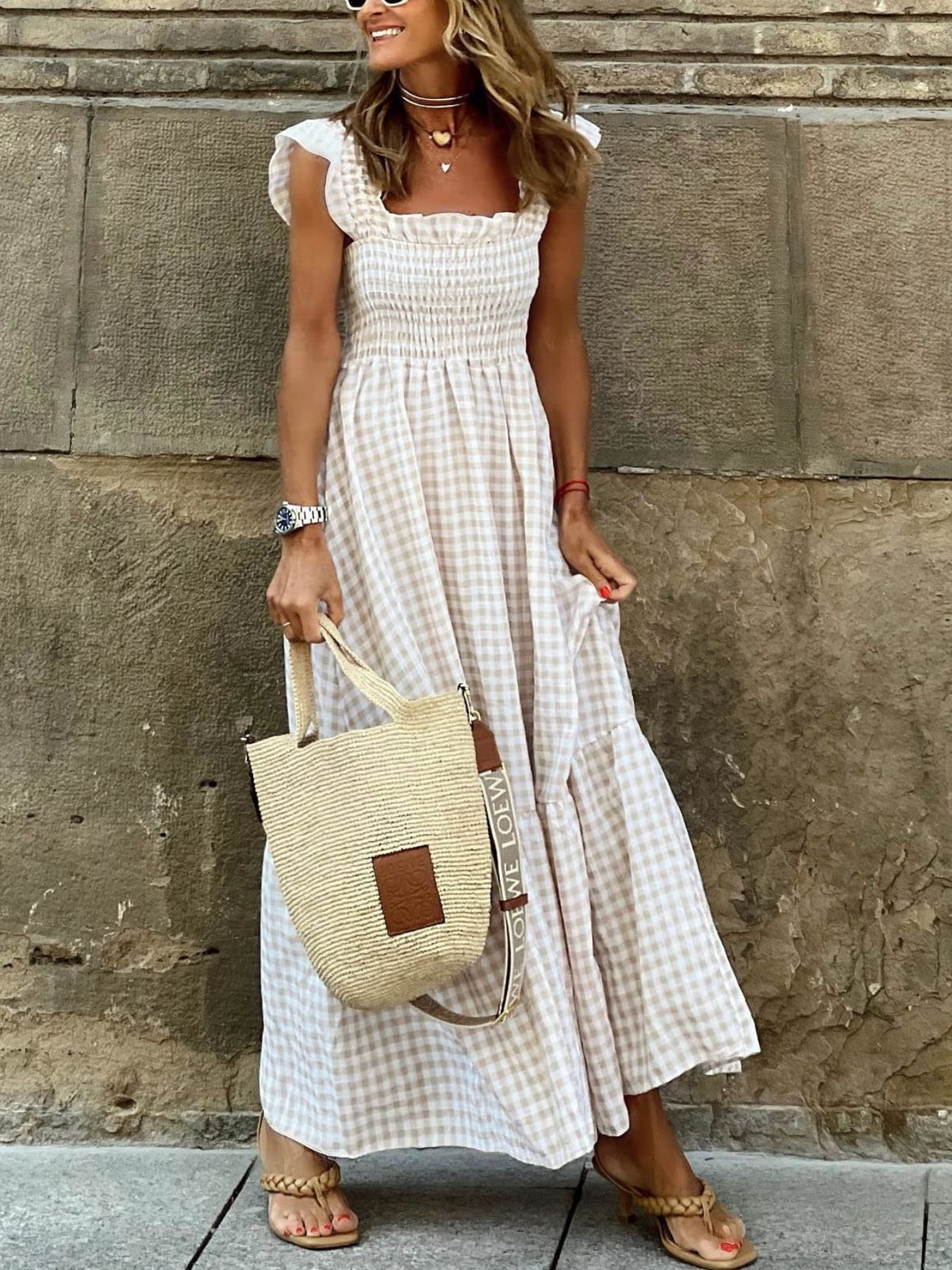 Plaid Ruffle-Sleeve Maxi Dress