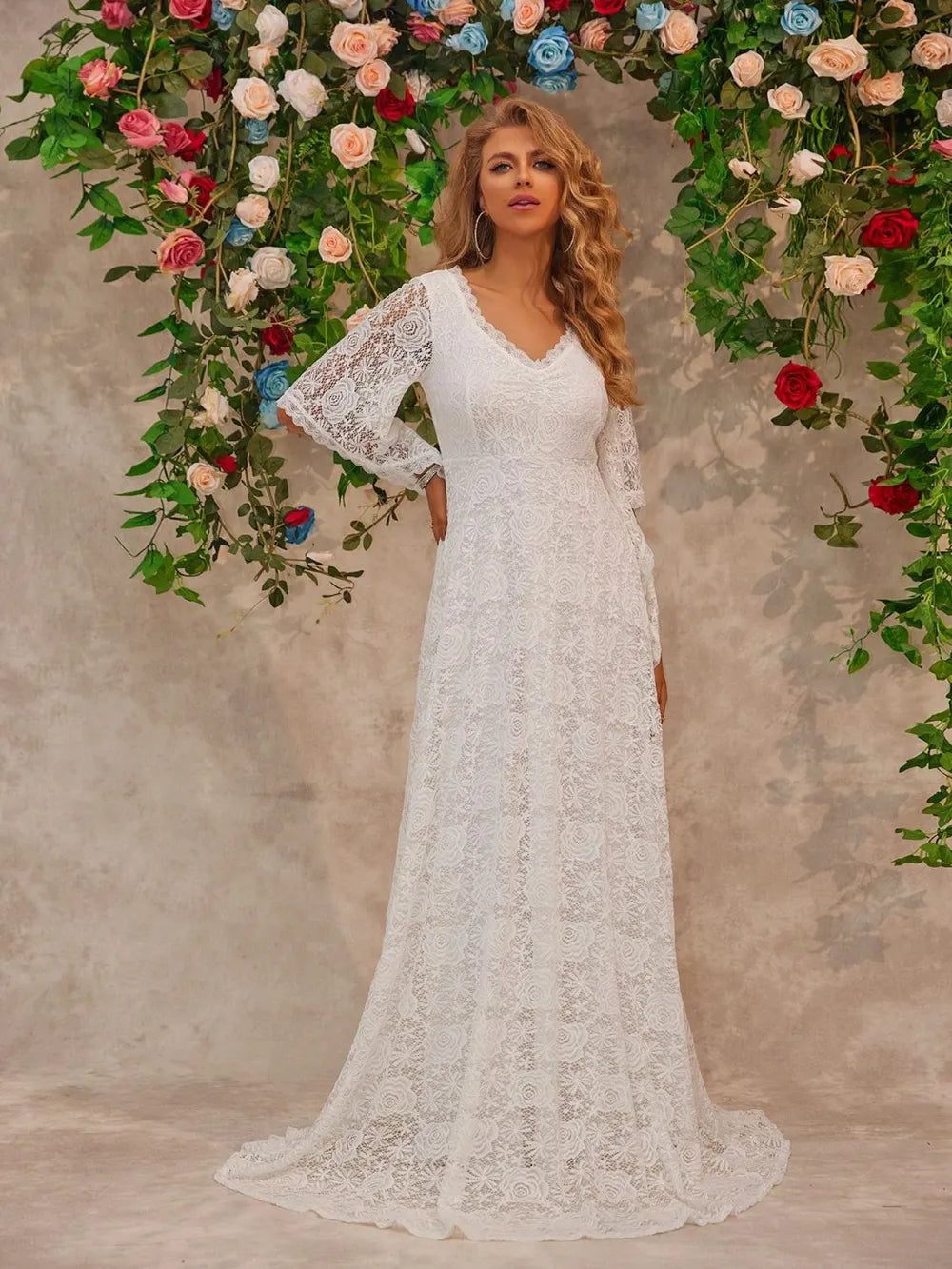 Lace V-Neck Floor-Length Dress in White by Jubilair