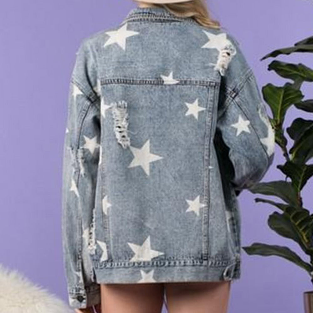 Star Distressed Denim Shacket in Light Wash
