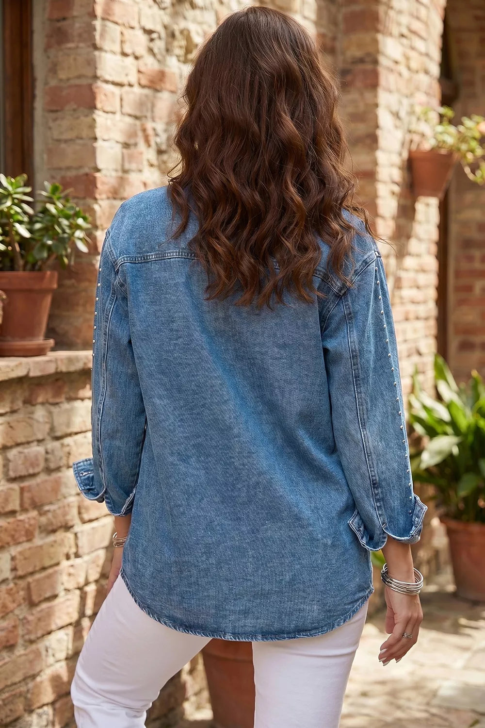 Western Rivet Studded Denim Jacket in Medium Wash