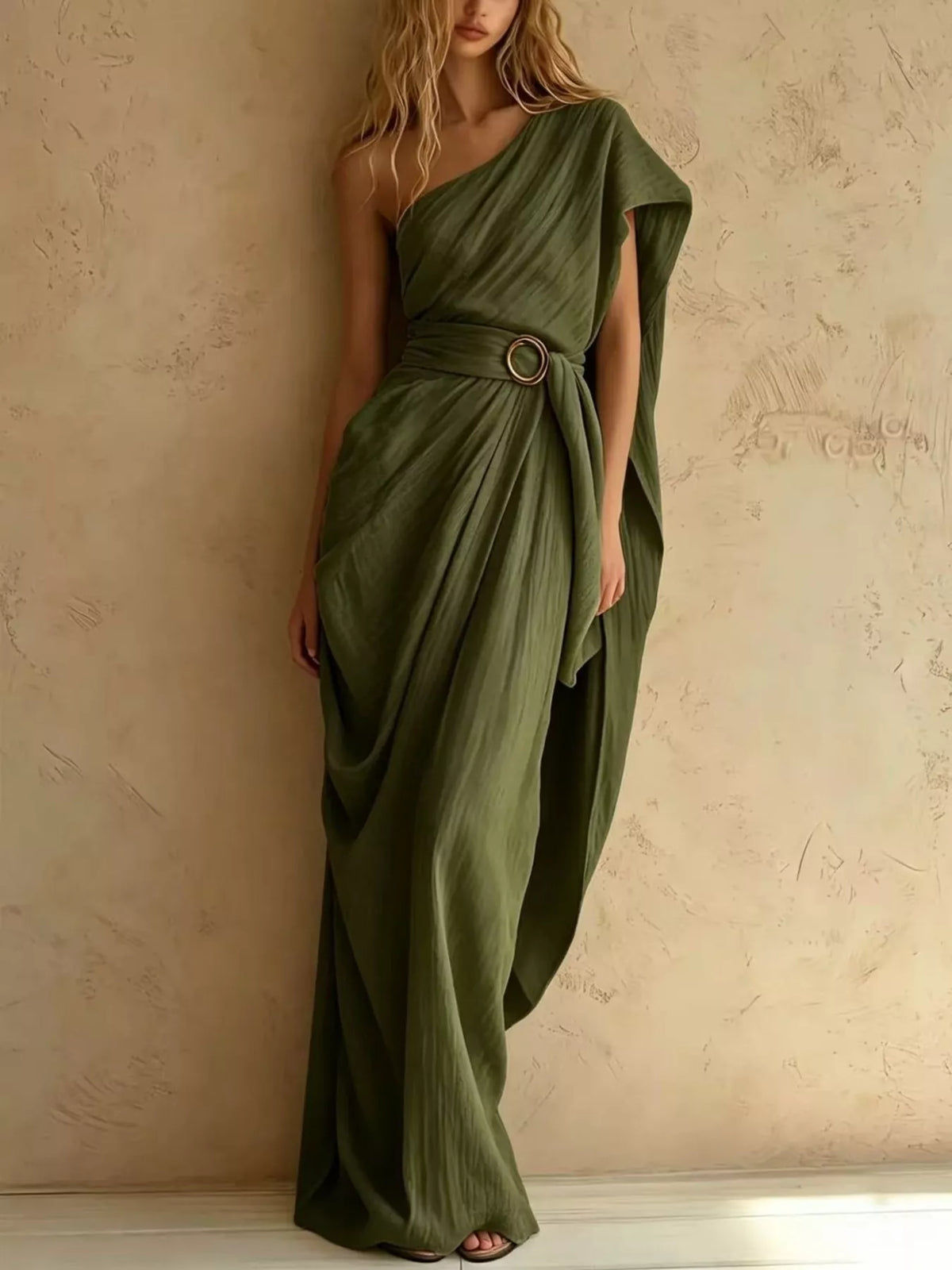 One-Shoulder Draped Maxi Dress with Waist Buckle