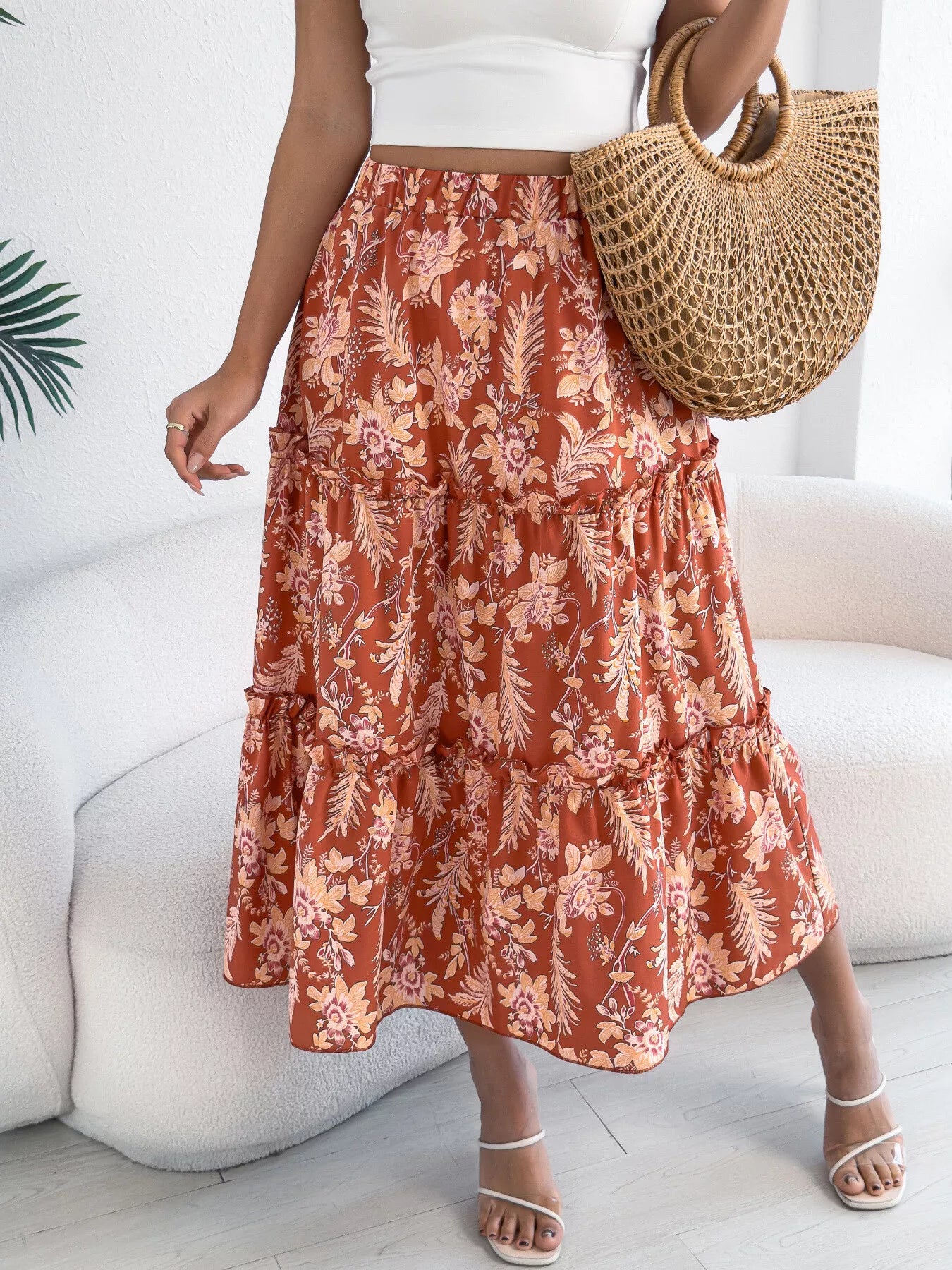 Floral Ruffle Hem Flowy Midi Skirt