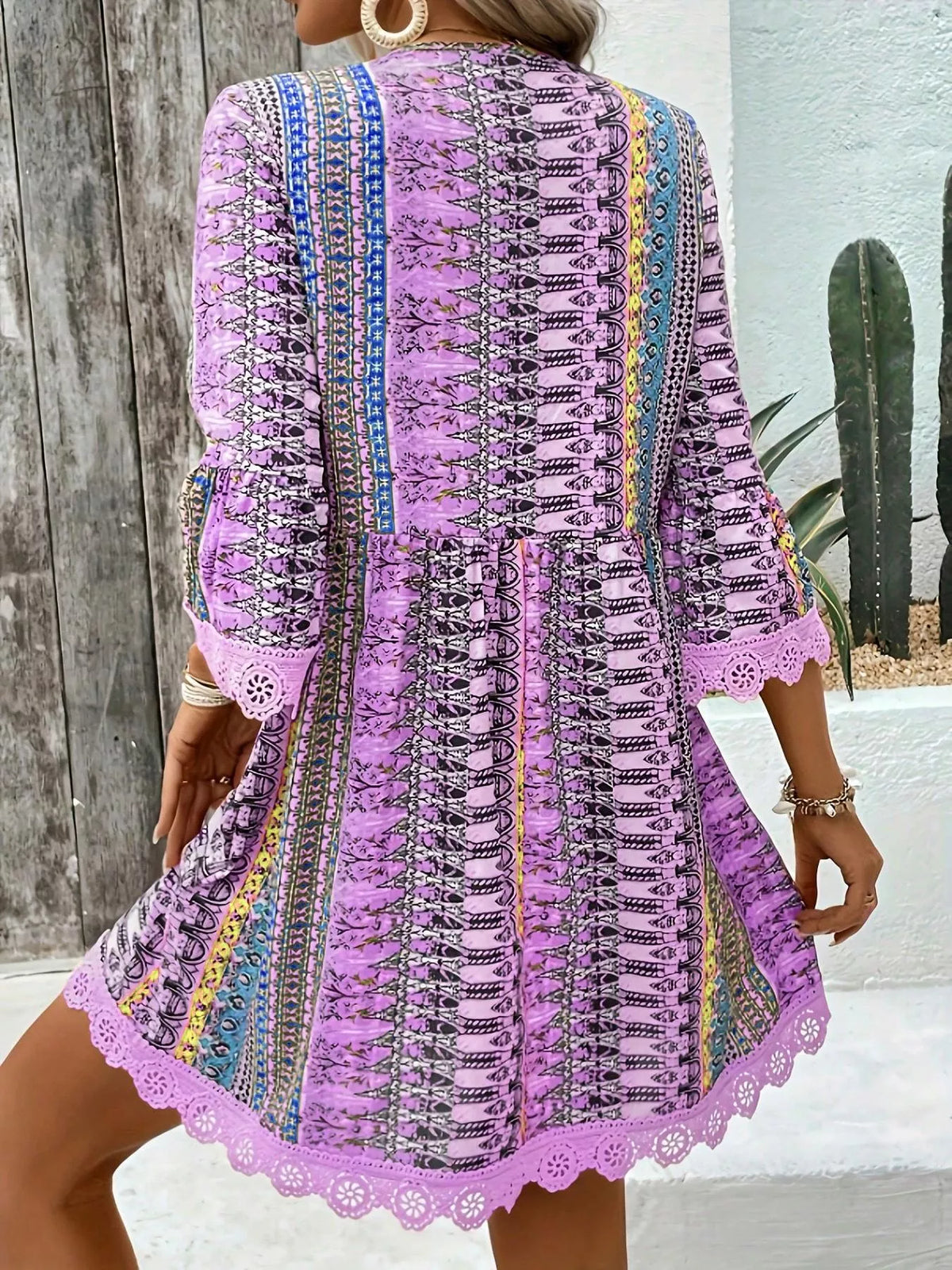 Printed V-Neck A-Line Dress with Lace Detail