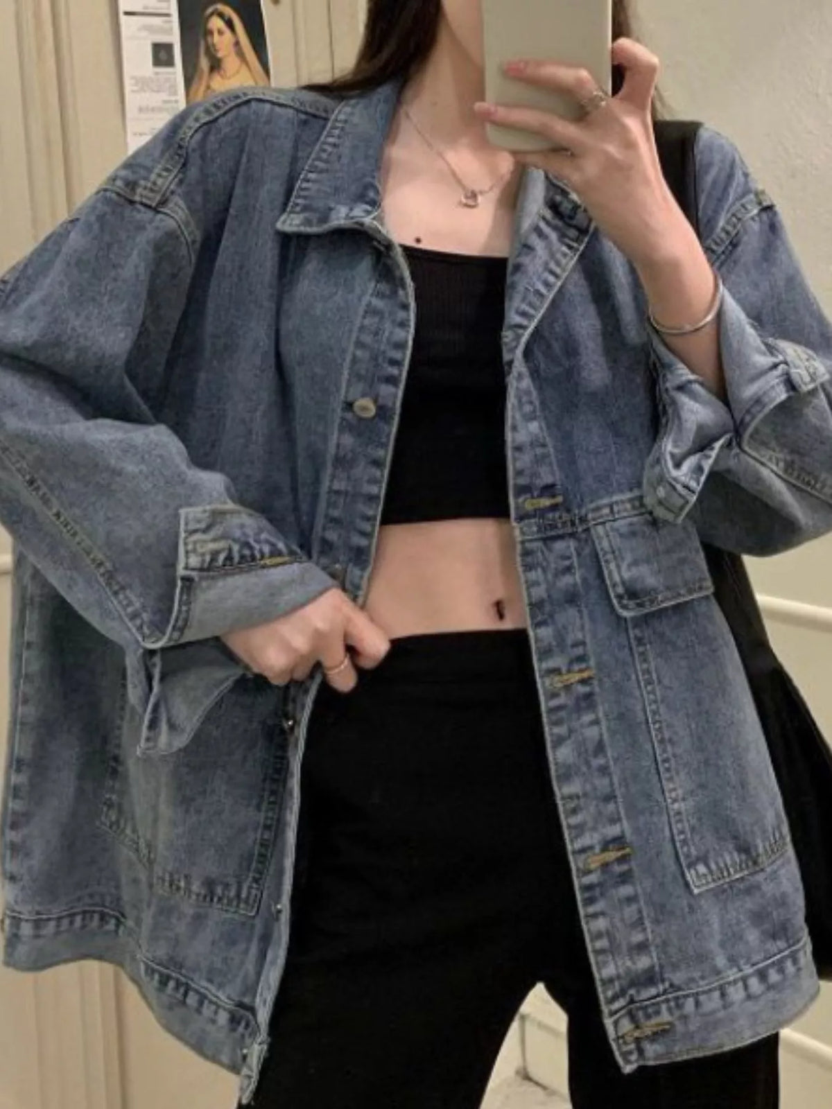 Oversized Denim Jacket with Utility Pockets