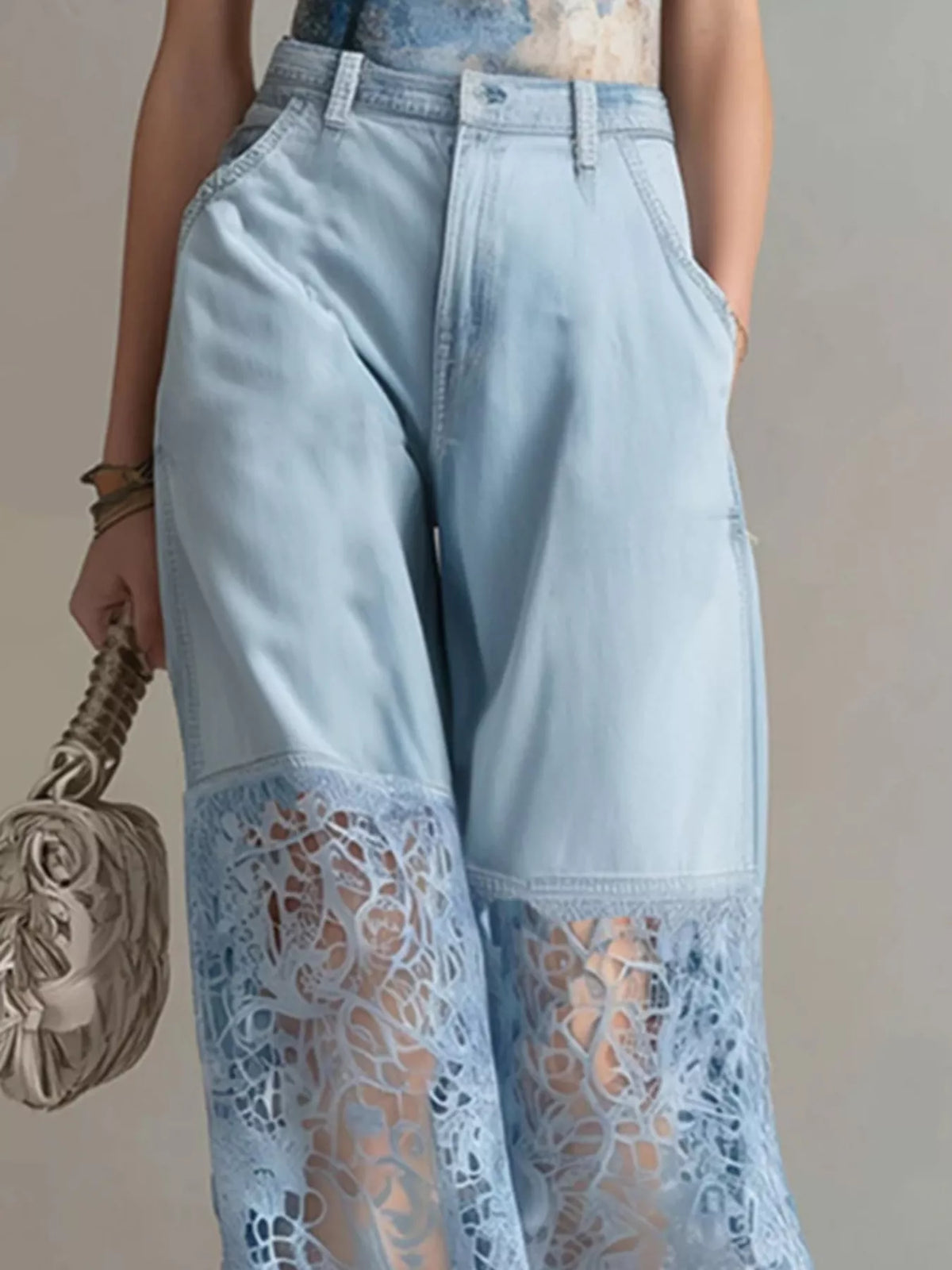 Lace Patchwork Wide Leg Jeans in Sky Blue