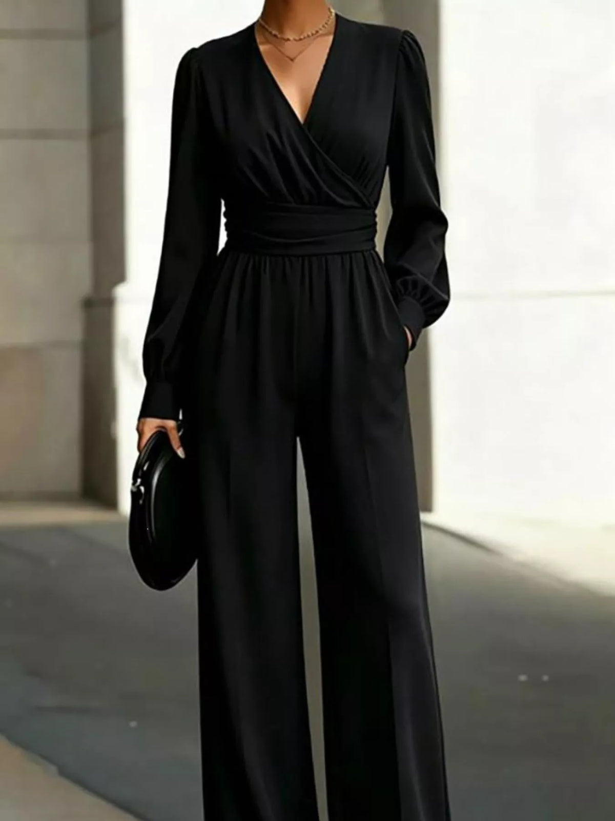 Surplice Long Sleeve Wide-Leg Jumpsuit