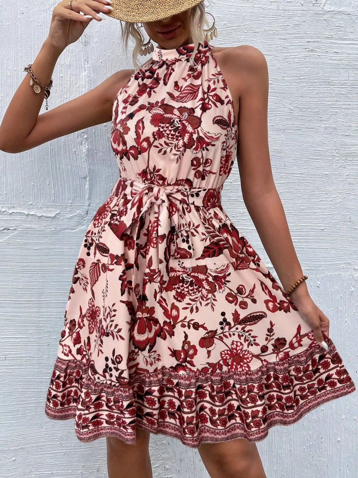 Floral Halter Neck Belted Summer Dress