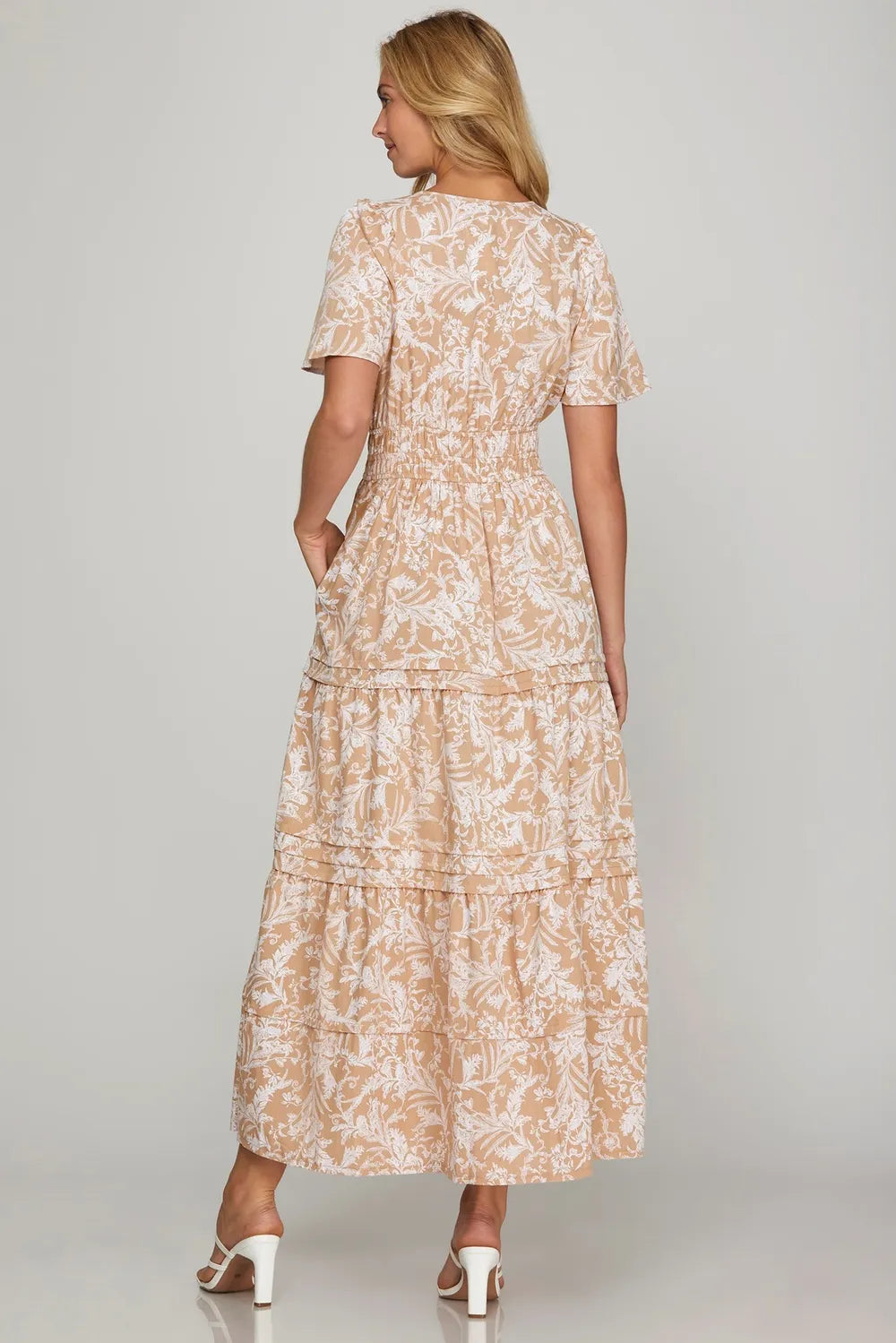 Printed Notched Tiered Maxi Dress in Apricot