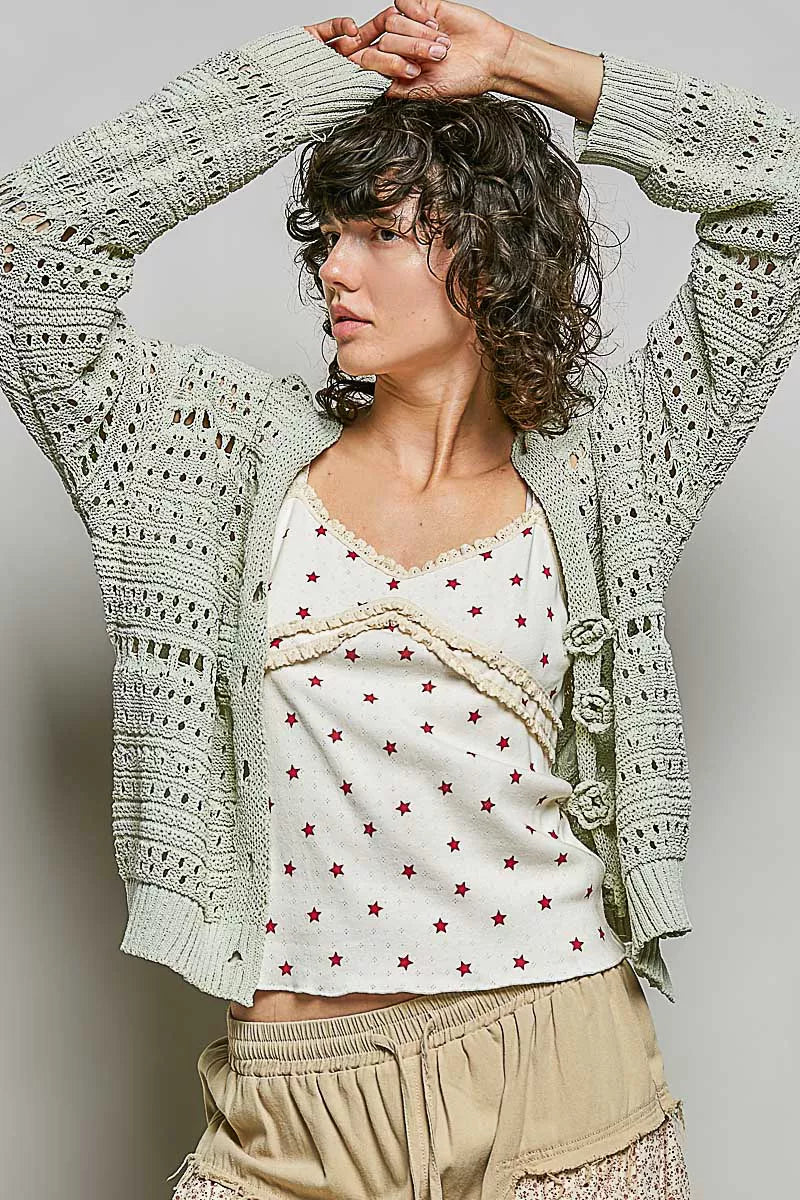 Lime Open-Knit Floral Button Cardigan by POL