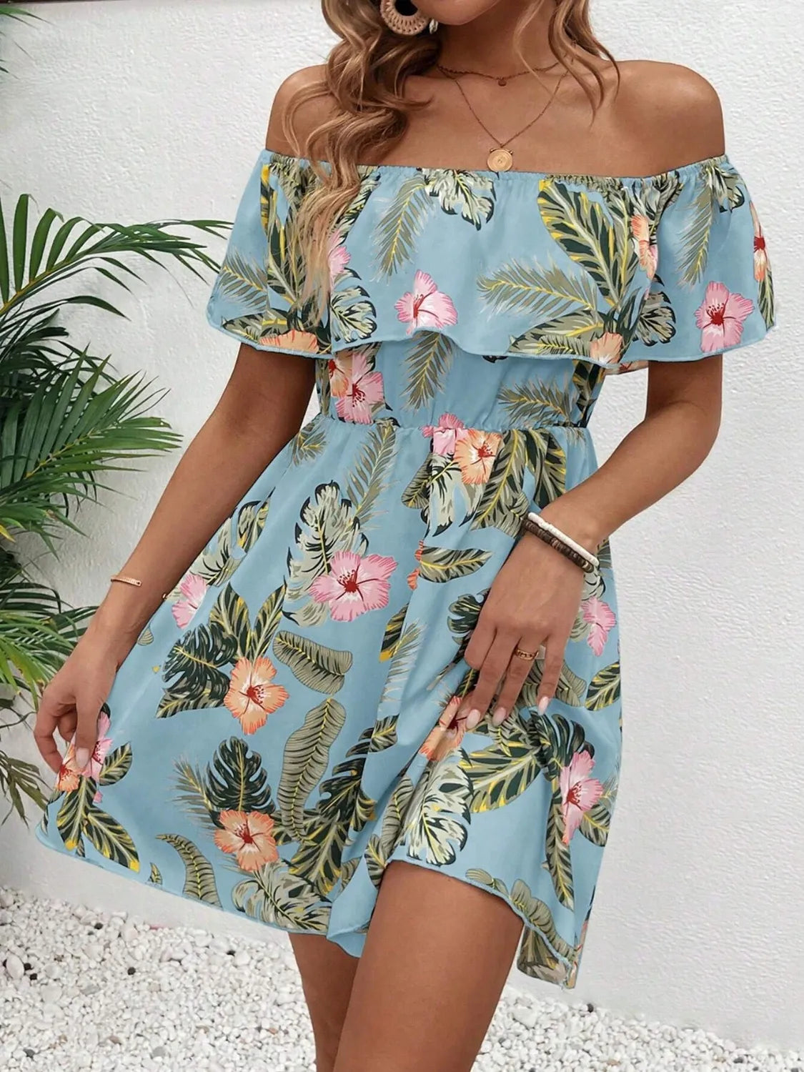 Printed Off-Shoulder Ruffle Mini Dress in Light Blue