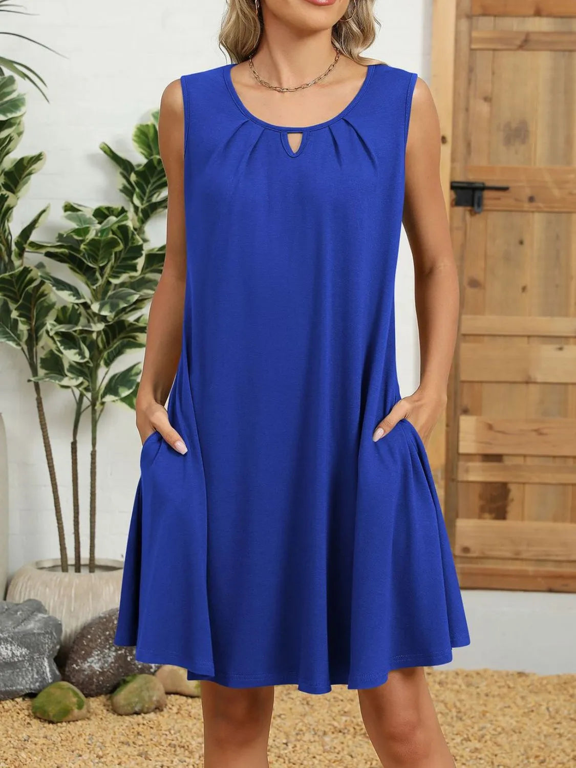 Ruched Round Neck Sleeveless Dress with Pockets